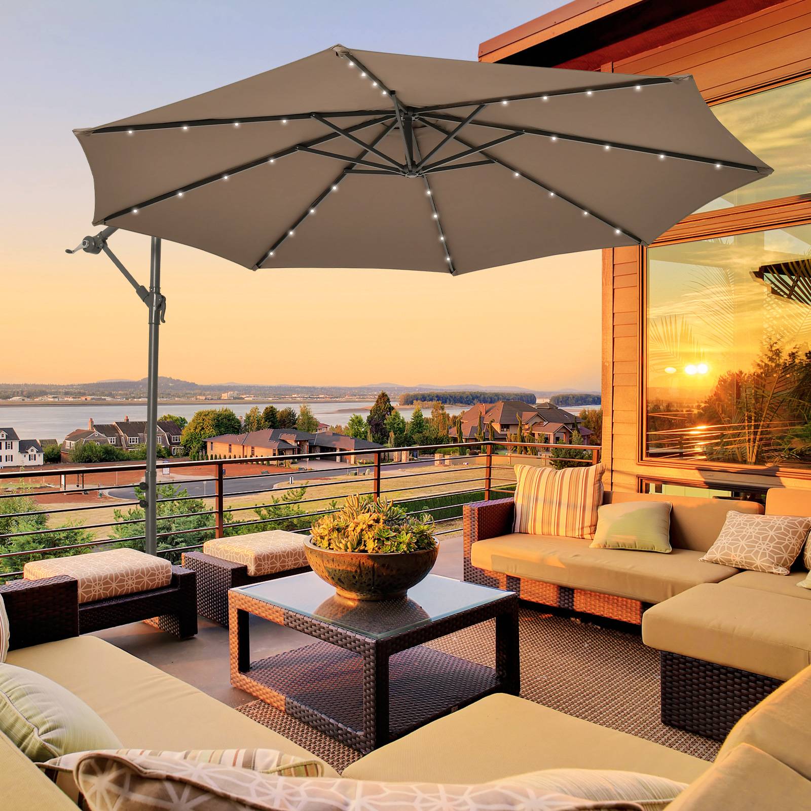 Costway - Parasol Déporté Inclinable 3x3M, Parasol de Jardin Extérieur Lumineux Solaire avec 2 Sacs de Sable, Protection UV, (Marron, Octogonal) - Image 7