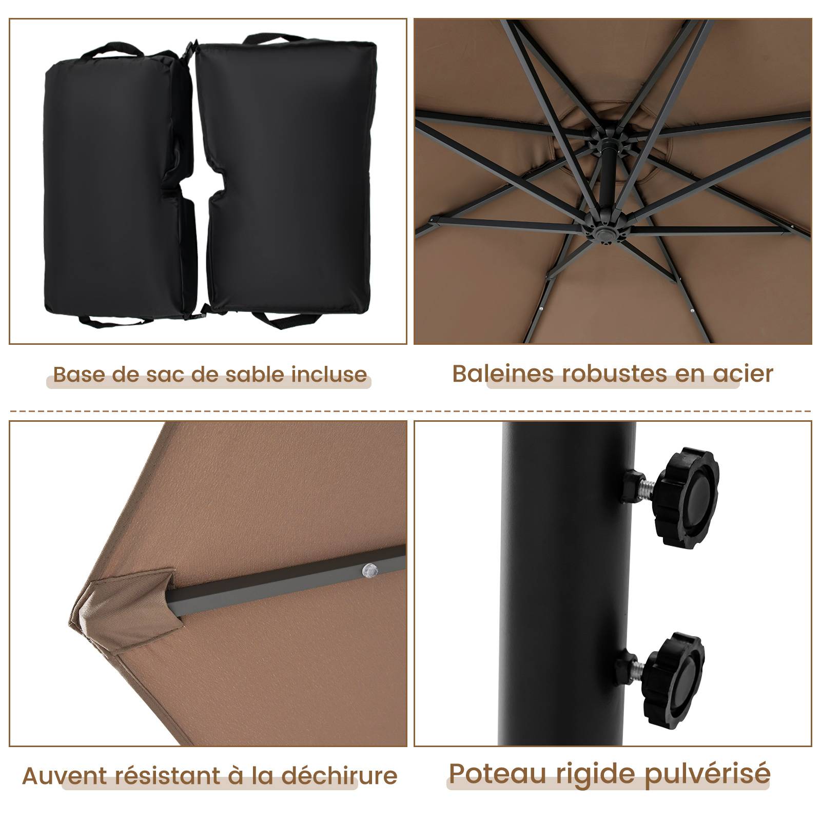 Costway - Parasol Déporté Inclinable 3x3M, Parasol de Jardin Extérieur Lumineux Solaire avec 2 Sacs de Sable, Protection UV, (Marron, Octogonal) - Image 6