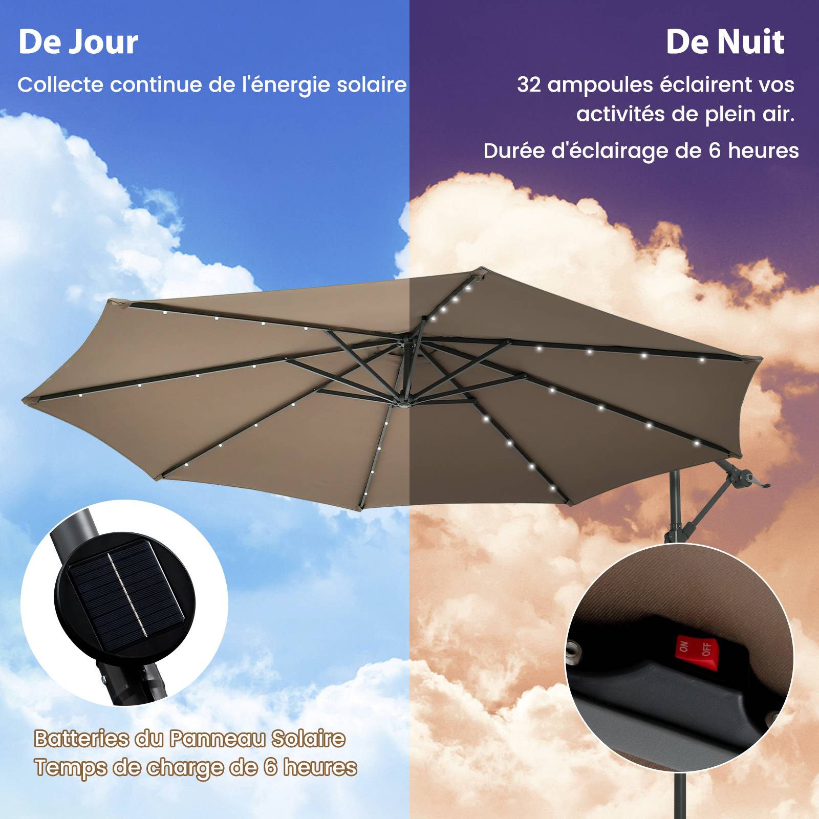 Costway - Parasol Déporté Inclinable 3x3M, Parasol de Jardin Extérieur Lumineux Solaire avec 2 Sacs de Sable, Protection UV, (Marron, Octogonal) - Image 3