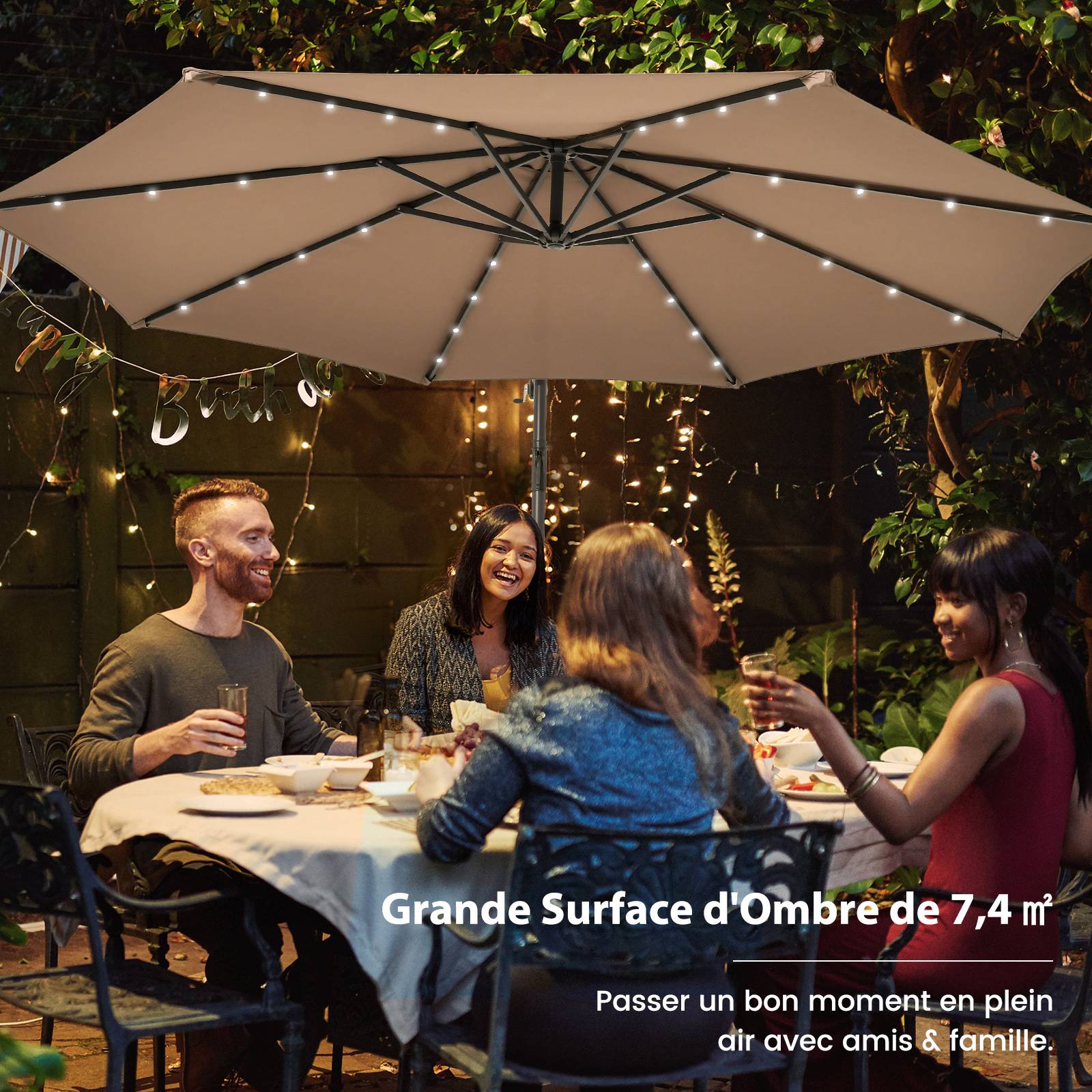 Costway - Parasol Déporté Inclinable 3x3M, Parasol de Jardin Extérieur Lumineux Solaire avec 2 Sacs de Sable, Protection UV, (Marron, Octogonal) - Image 5