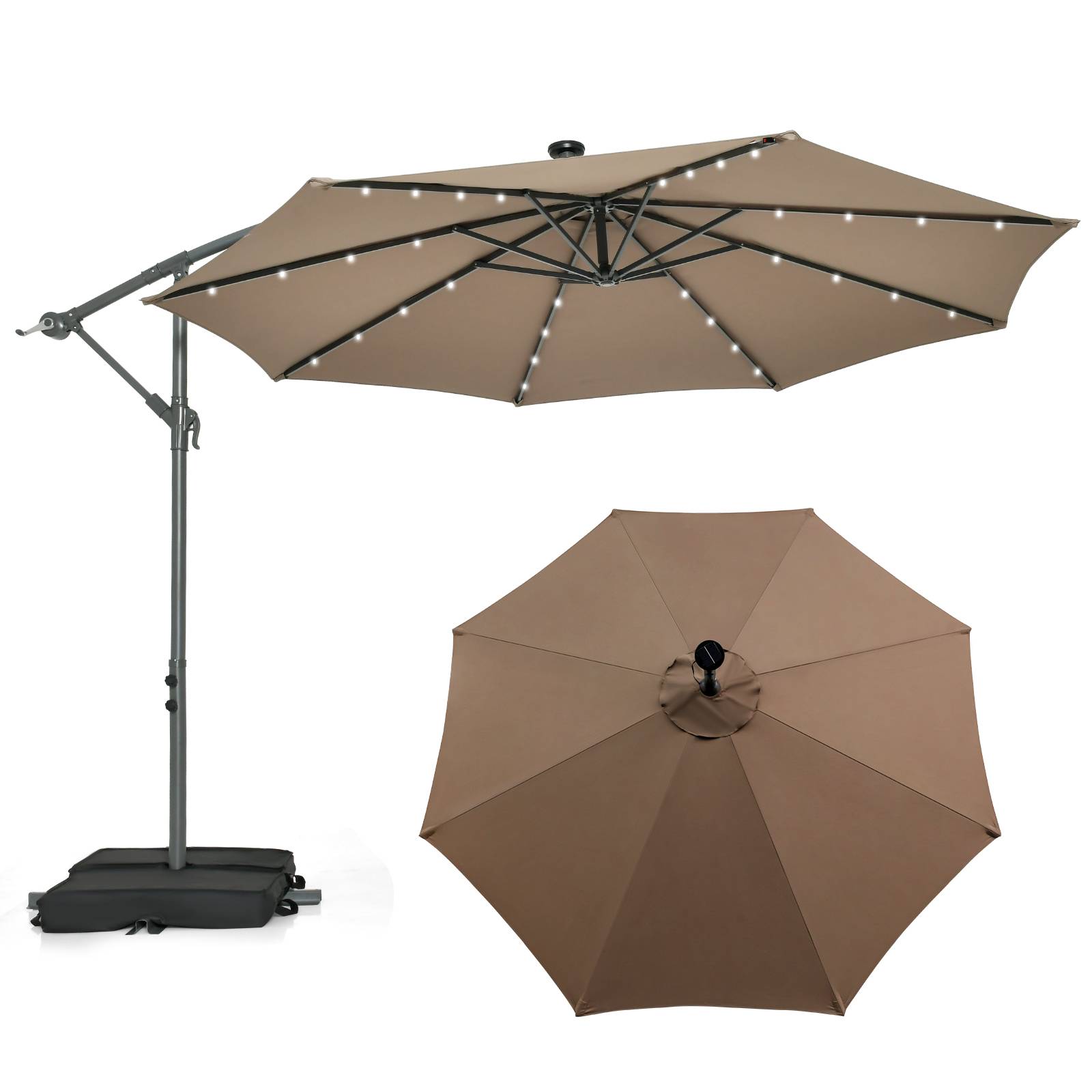 Costway - Parasol Déporté Inclinable 3x3M, Parasol de Jardin Extérieur Lumineux Solaire avec 2 Sacs de Sable, Protection UV, (Marron, Octogonal) - Image 1