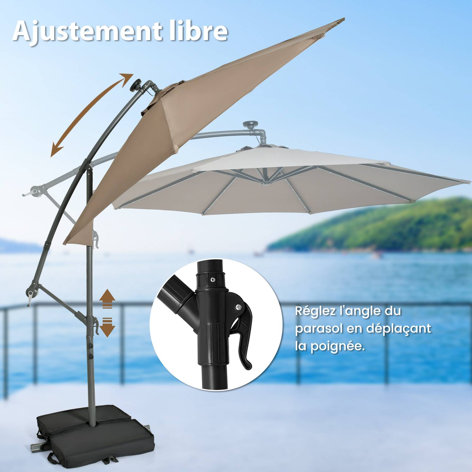 Costway - Parasol Déporté Inclinable 3x3M, Parasol de Jardin Extérieur Lumineux Solaire avec 2 Sacs de Sable, Protection UV, (Marron, Octogonal) - Image 4