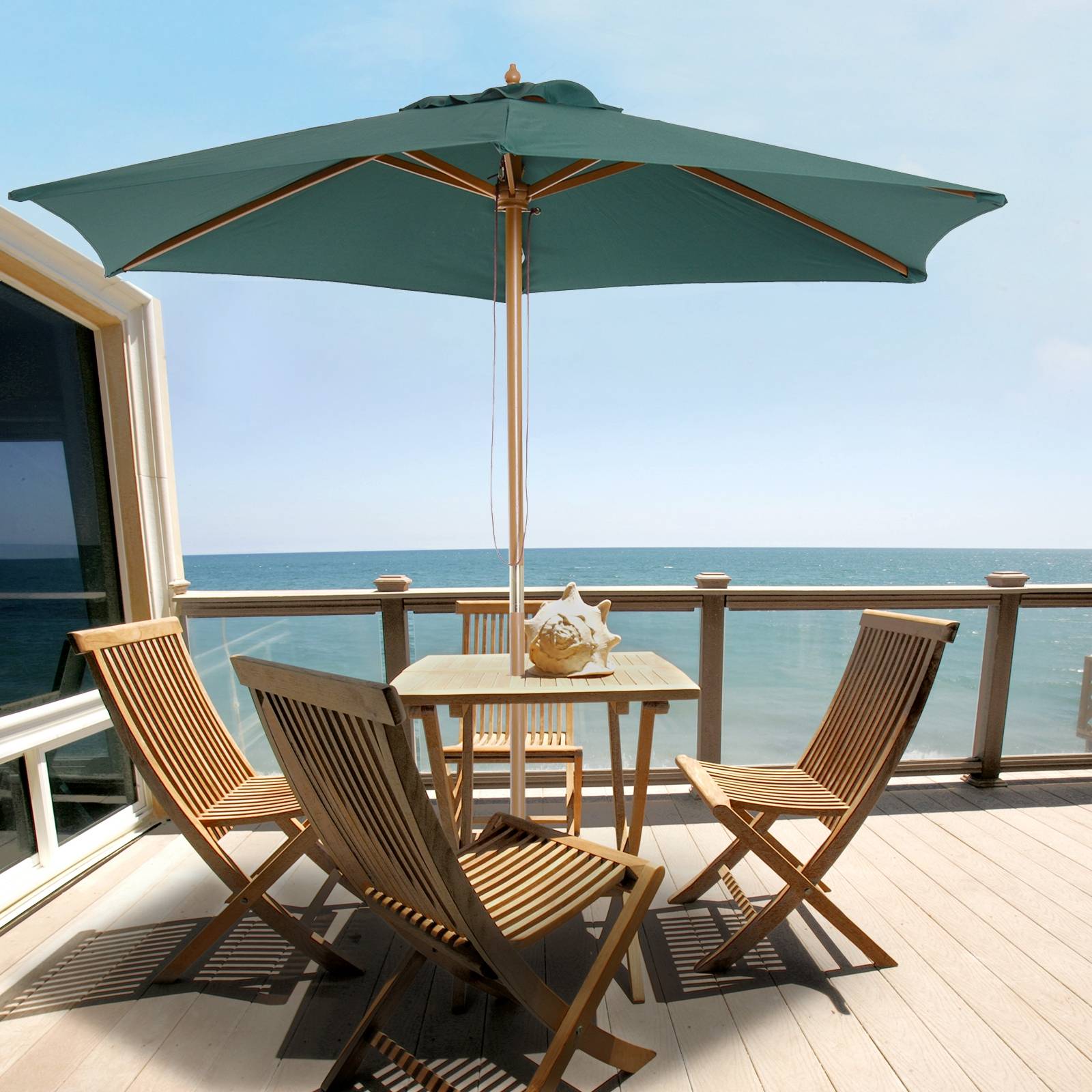 Parasol en bois Ø250x230cm pour usage extérieur, avec 6 baleines et système de poulie, vert - Image 3