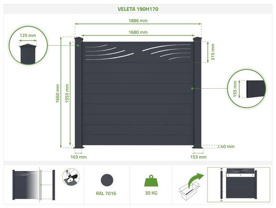 Casanoov Lot de 2 kits de clôture aluminium VELETA H.170 cm - kits complet 3.8m - Image 2