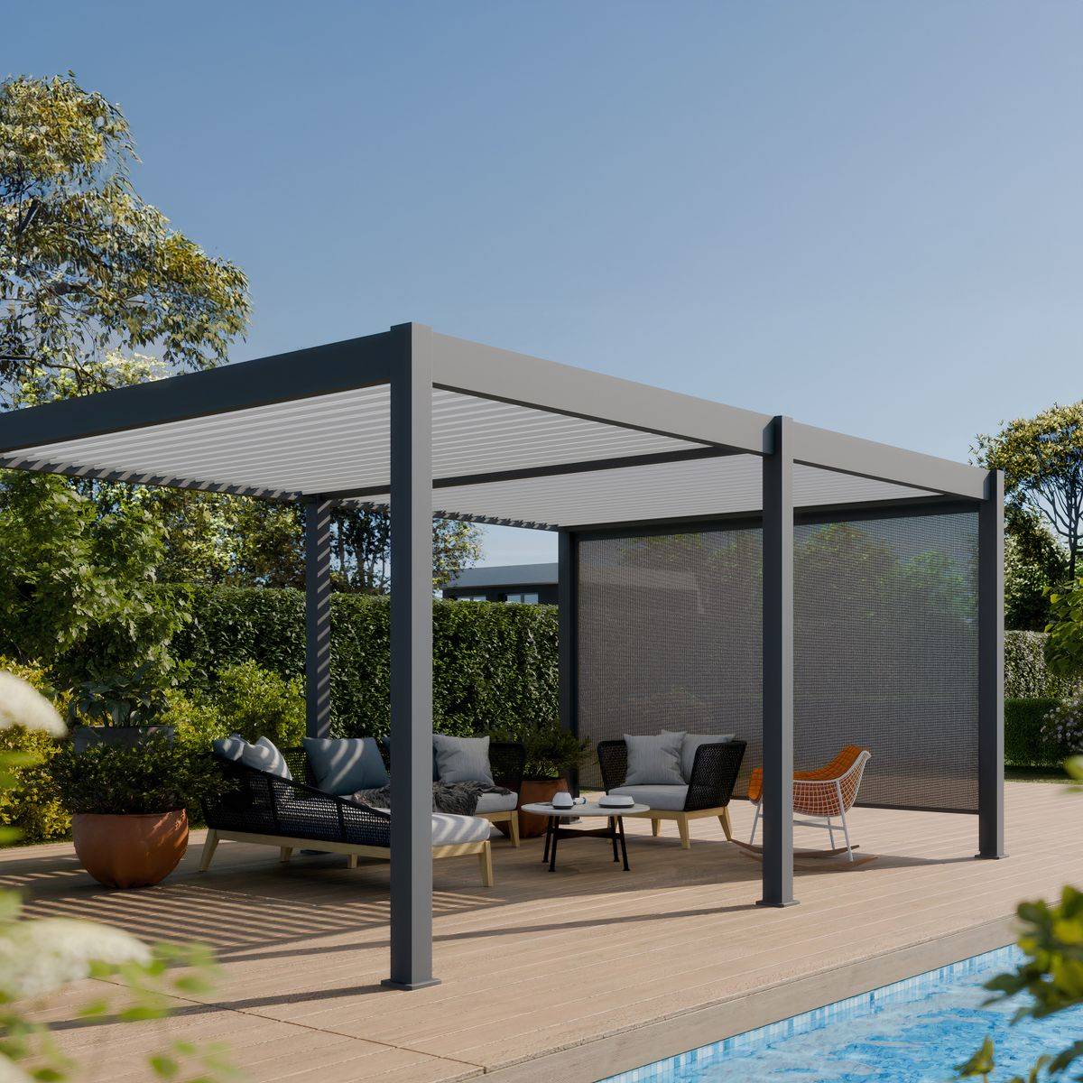 Direct Abris - Pergola Bioclimatique Aluminium Autoportée 19m² - 3,6x5,3 - Store Latéral Inclus - Anthracite - 34 lames en Aluminium a 120 degrés - Image 1