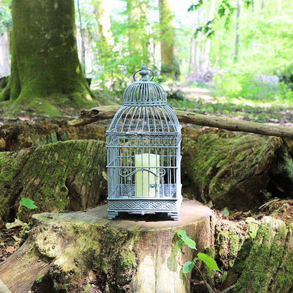 Cage à oiseaux bougeoir en métal gris 16.5 x 16.5 x 40 cm Chemin de campagne - Image 2
