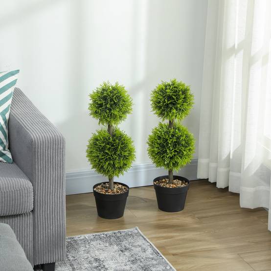 Lot de 2 plantes artificielles décoratives, boules de buis artificiel 60 cm avec pot, plastique - Image 10