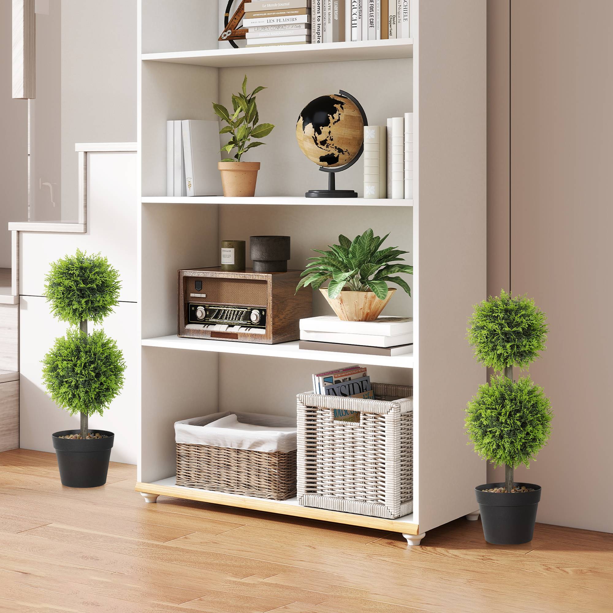 Lot de 2 plantes artificielles décoratives, boules de buis artificiel 60 cm avec pot, plastique - Image 9