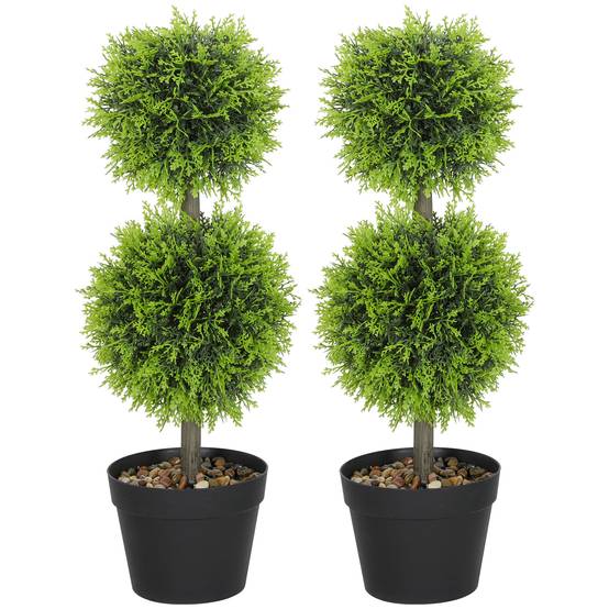 Lot de 2 plantes artificielles décoratives, boules de buis artificiel 60 cm avec pot, plastique - Image 2