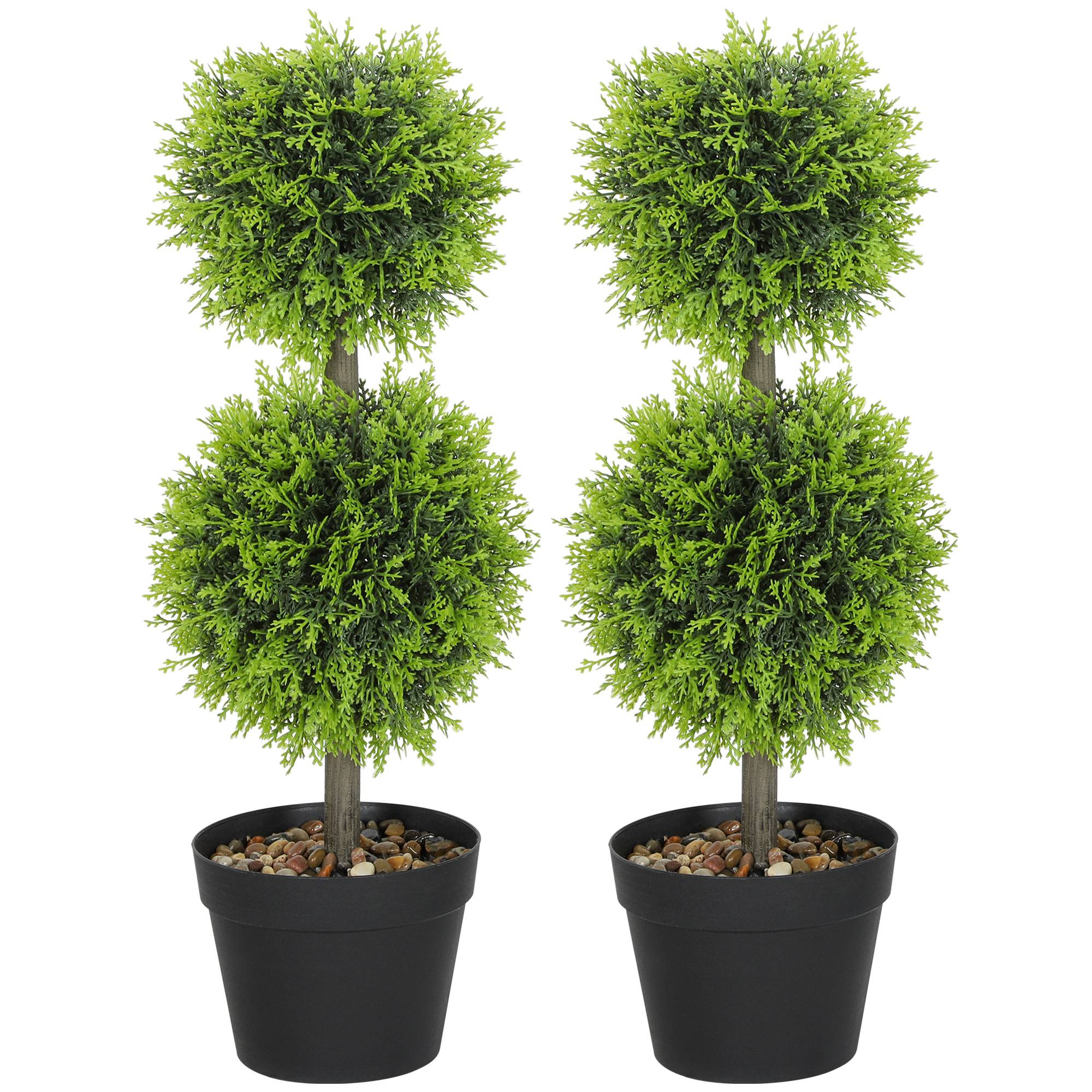 Lot de 2 plantes artificielles décoratives, boules de buis artificiel 60 cm avec pot, plastique - Image 2