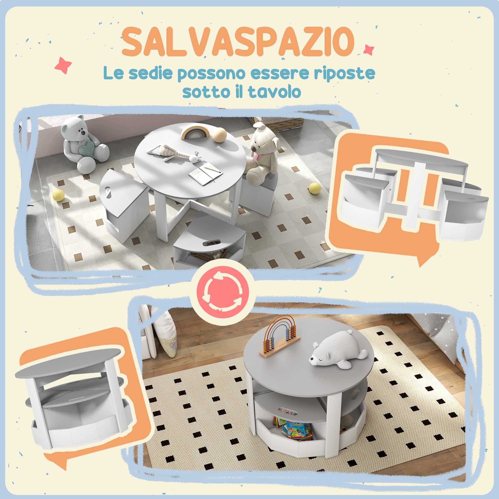 Ensemble table enfant et 4 tabourets gain de place avec rangement bois, gris - Image 7
