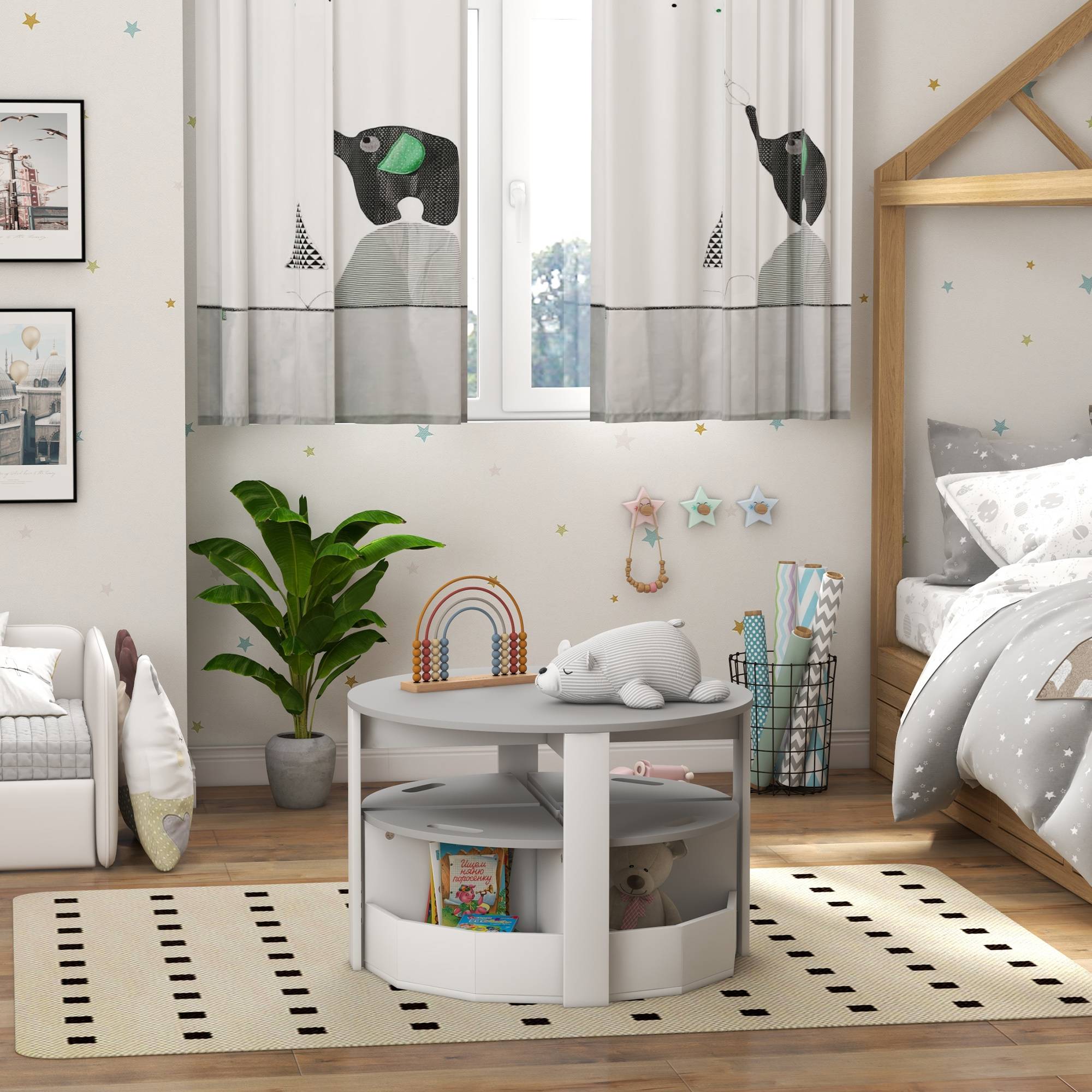 Ensemble table enfant et 4 tabourets gain de place avec rangement bois, gris - Image 4
