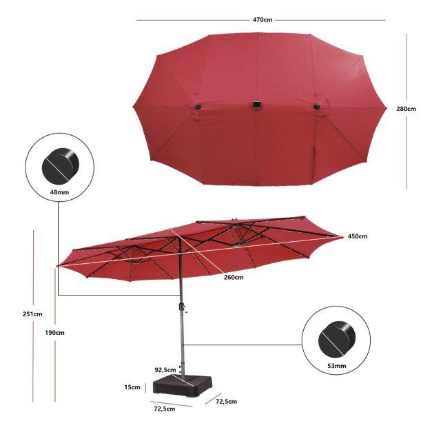 Helloshop26 - Parasol double face de 4,70 m avec 48 lumières led base à lester avec sac de sable (non inclus) parasol à manivelle rouge - Image 5
