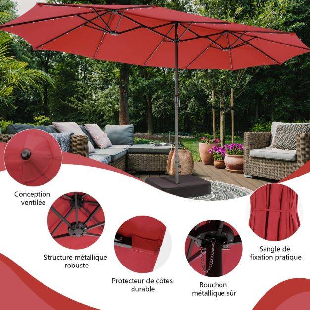 Helloshop26 - Parasol double face de 4,70 m avec 48 lumières led base à lester avec sac de sable (non inclus) parasol à manivelle rouge - Image 3