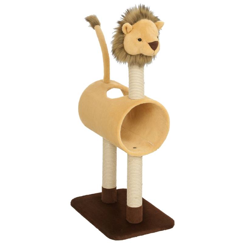 Arbre à chat 104 cm design lion, poteau à gratter, tunnel, queue suspendue, jusqu'à 7 kg, marron clair - Image 1