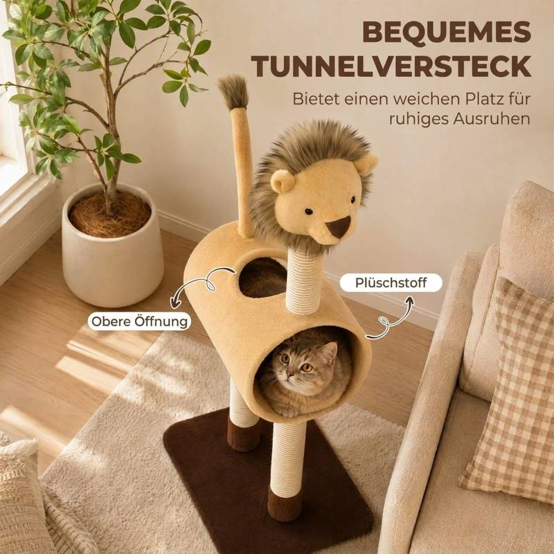 Arbre à chat 104 cm design lion, poteau à gratter, tunnel, queue suspendue, jusqu'à 7 kg, marron clair - Image 5