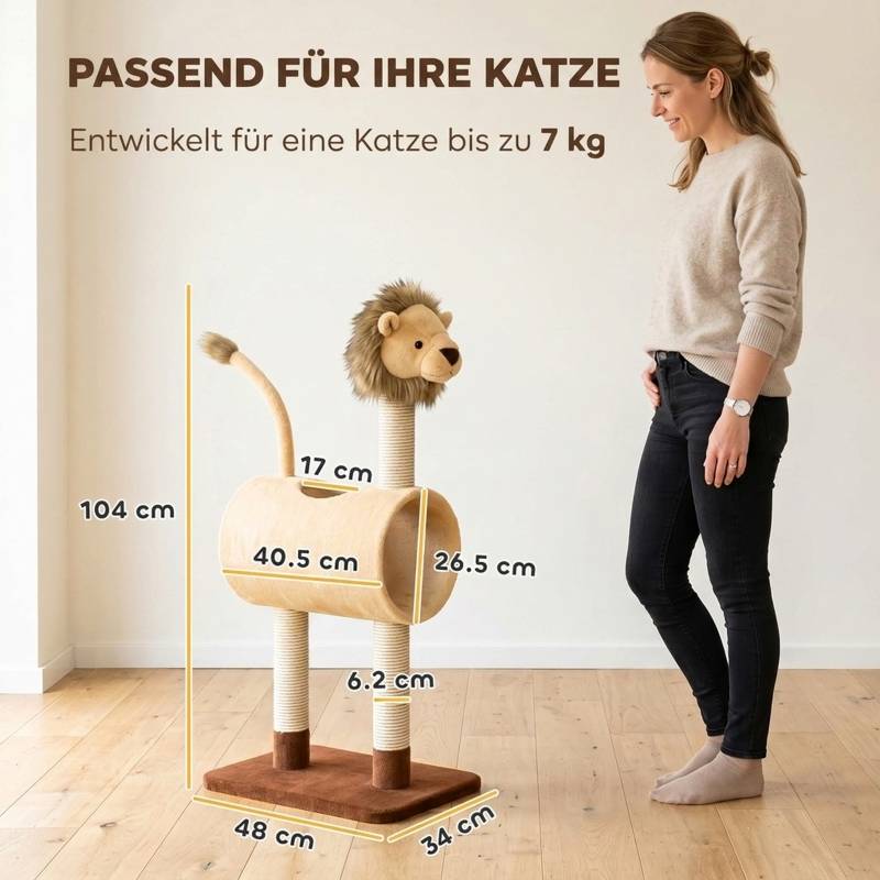 Arbre à chat 104 cm design lion, poteau à gratter, tunnel, queue suspendue, jusqu'à 7 kg, marron clair - Image 3
