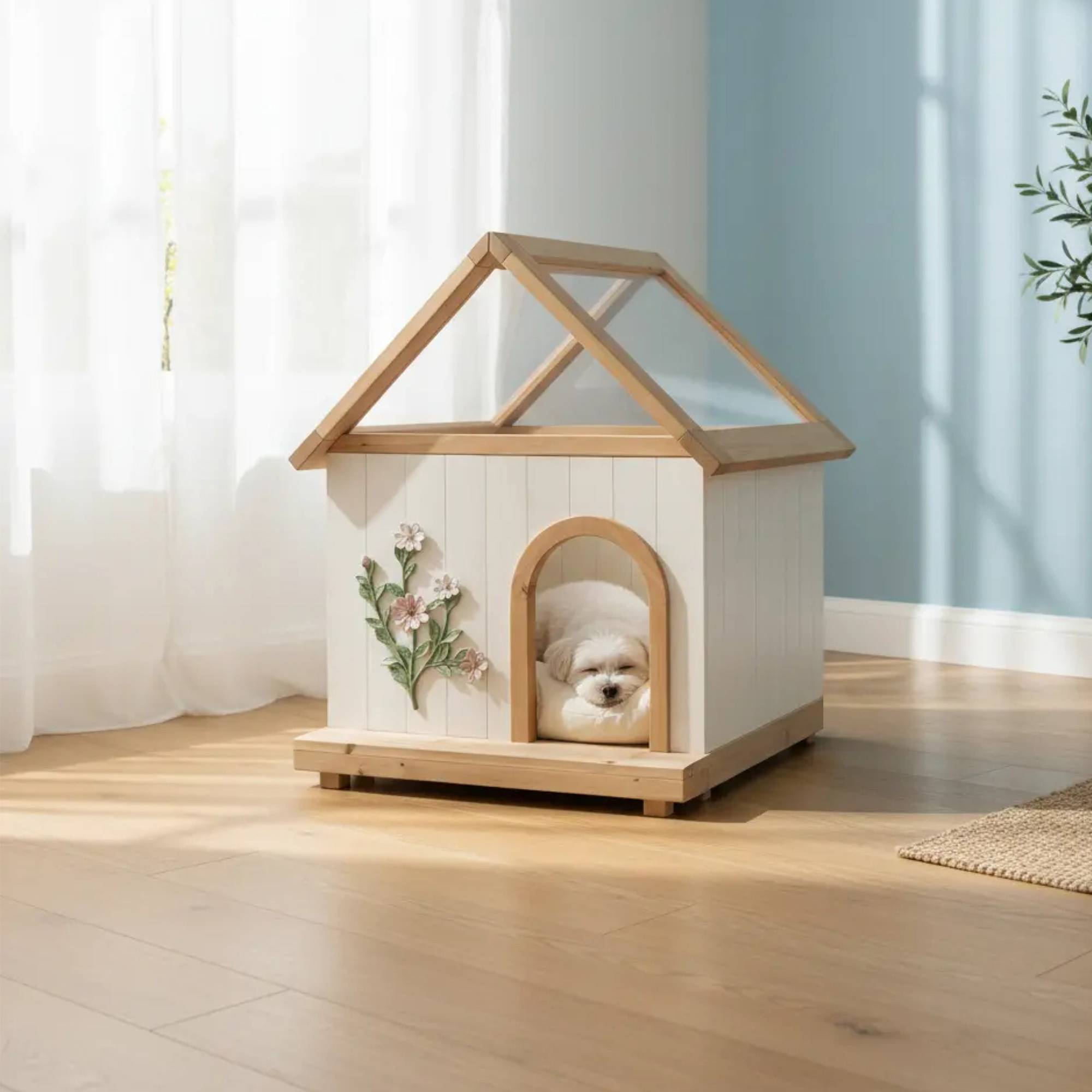 ComfortXL - Niche pour chat et petit chien en bois blanc 68 x 55 x 80 cm toit transparent - ComfortXL Outdoor Living - Image 2