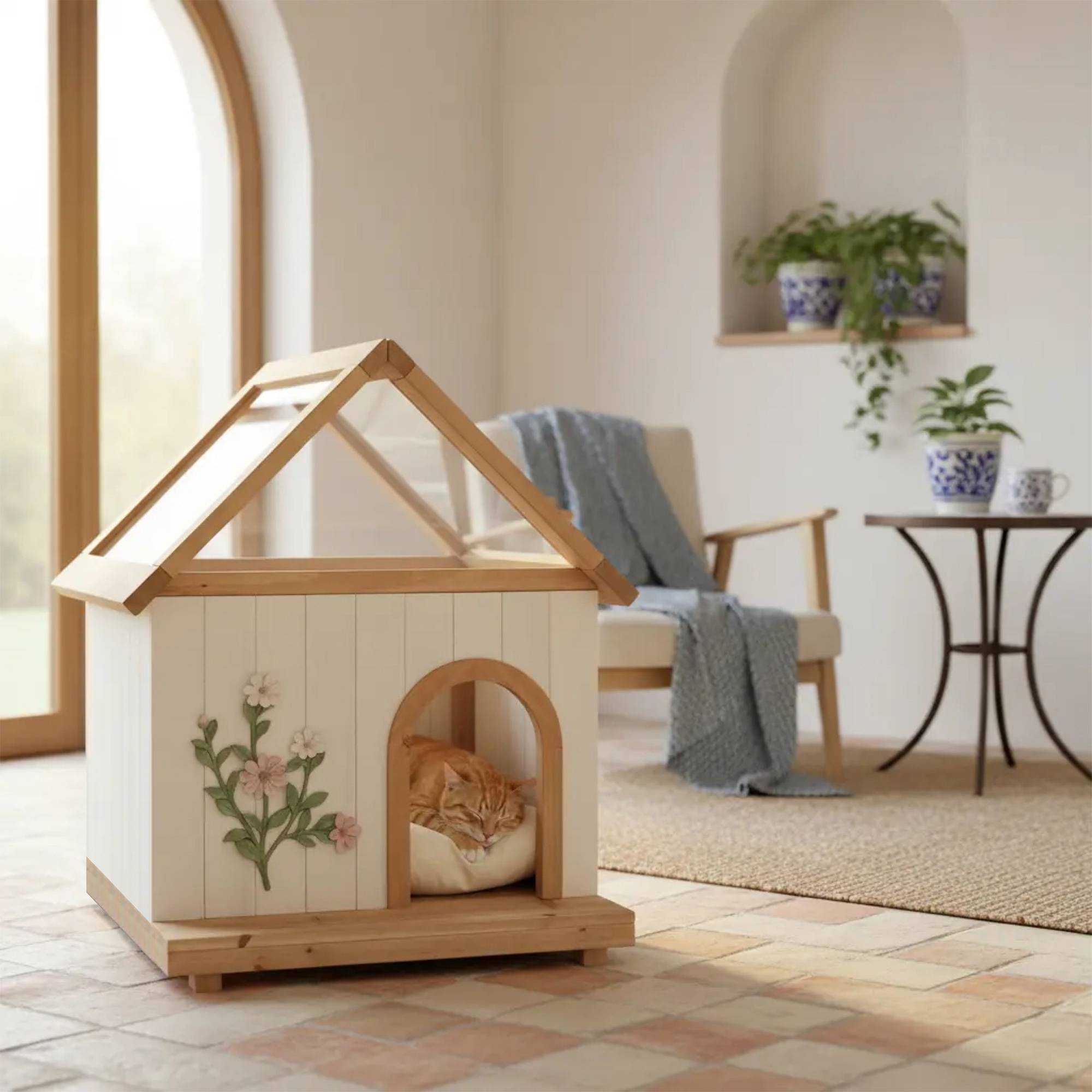 ComfortXL - Niche pour chat et petit chien en bois blanc 68 x 55 x 80 cm toit transparent - ComfortXL Outdoor Living - Image 3