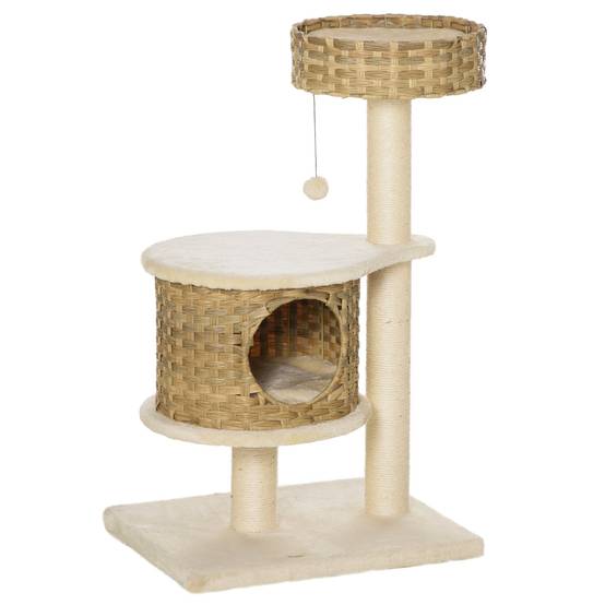 Arbre à Chat Design Rotin PE Sisal Niche Griffoir 95cm Beige - ComfortXL Pet Living - Image 2
