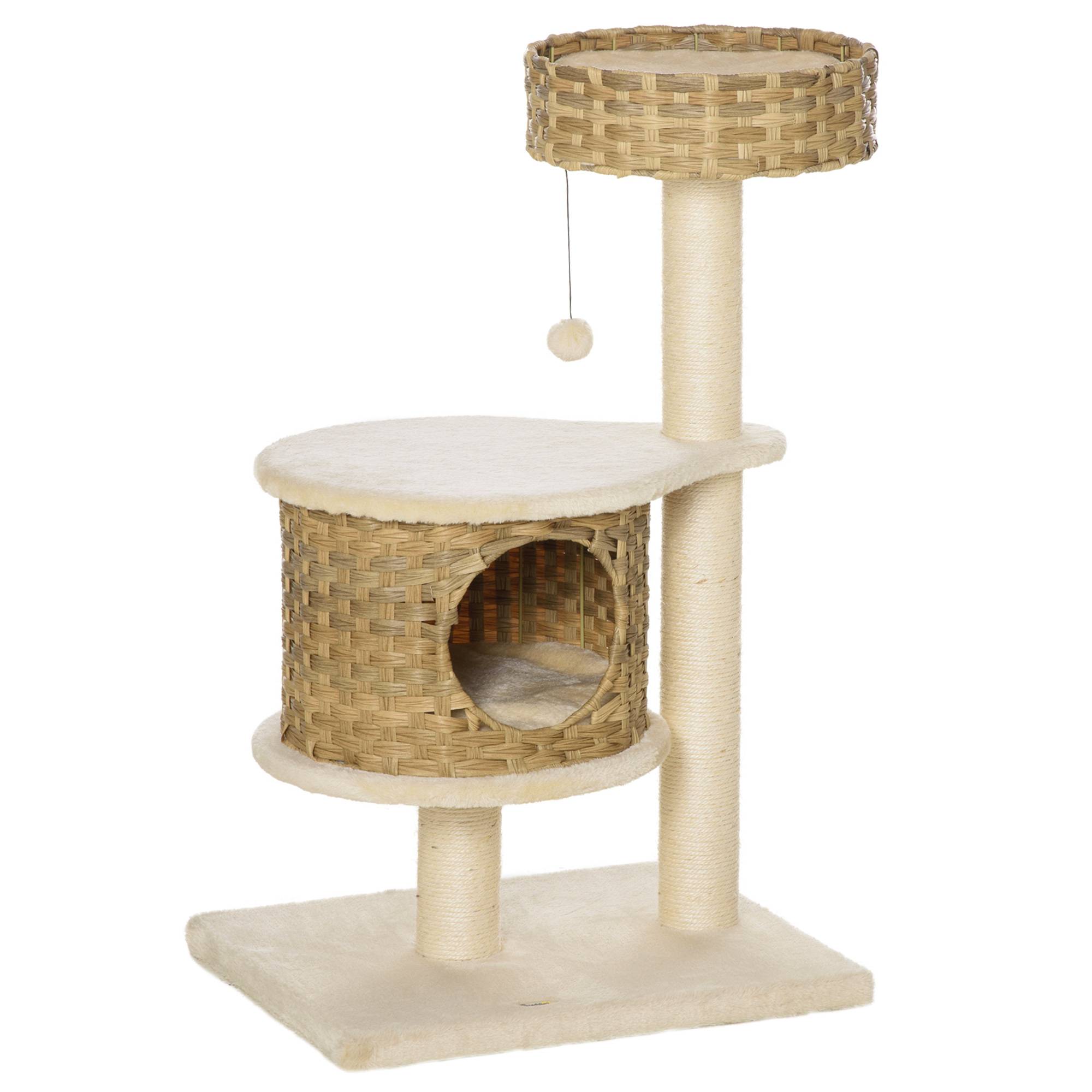 Arbre à Chat Design Rotin PE Sisal Niche Griffoir 95cm Beige - ComfortXL Pet Living - Image 2