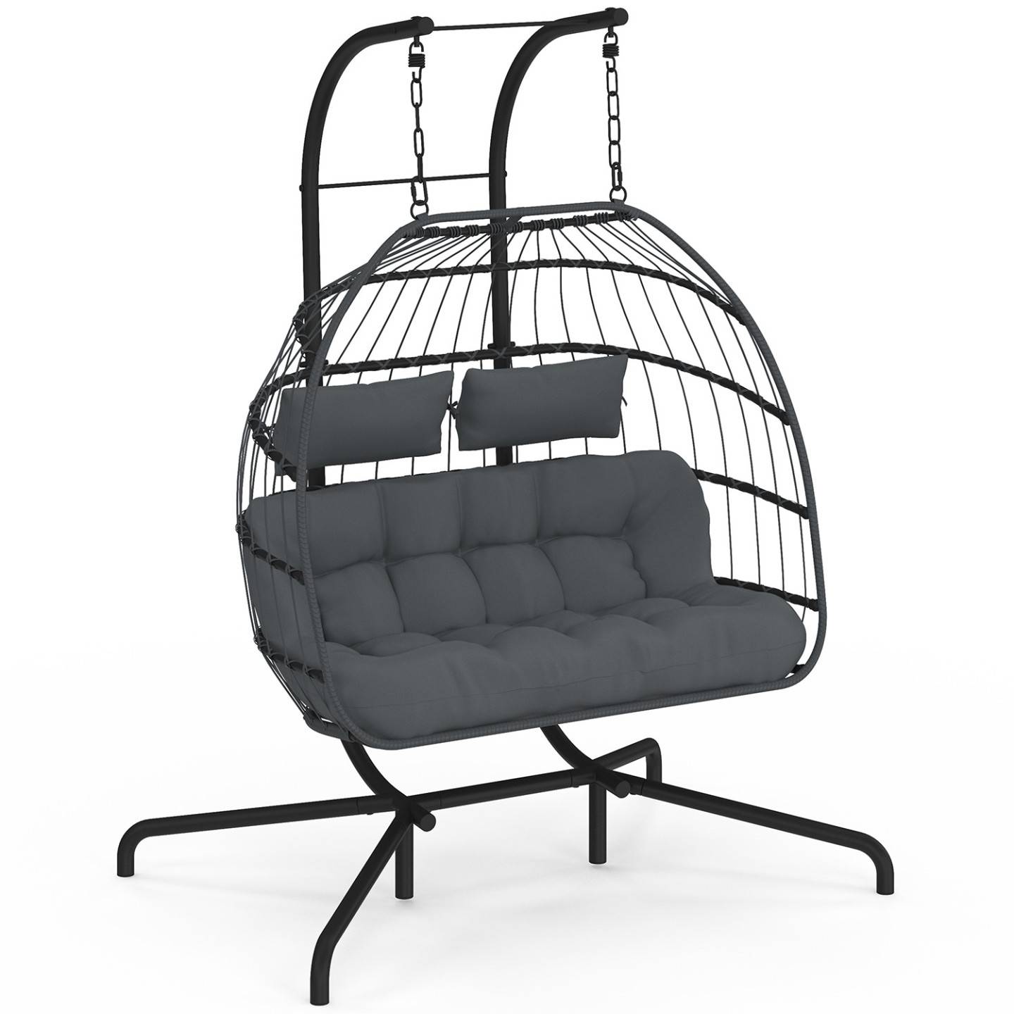 Fauteuil oeuf suspendu ajouré 2 places effet rotin gris avec coussin gris - Image 2