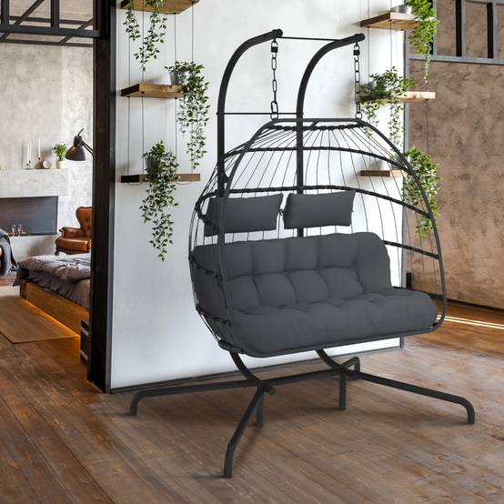 Fauteuil oeuf suspendu ajouré 2 places effet rotin gris avec coussin gris - Image 3