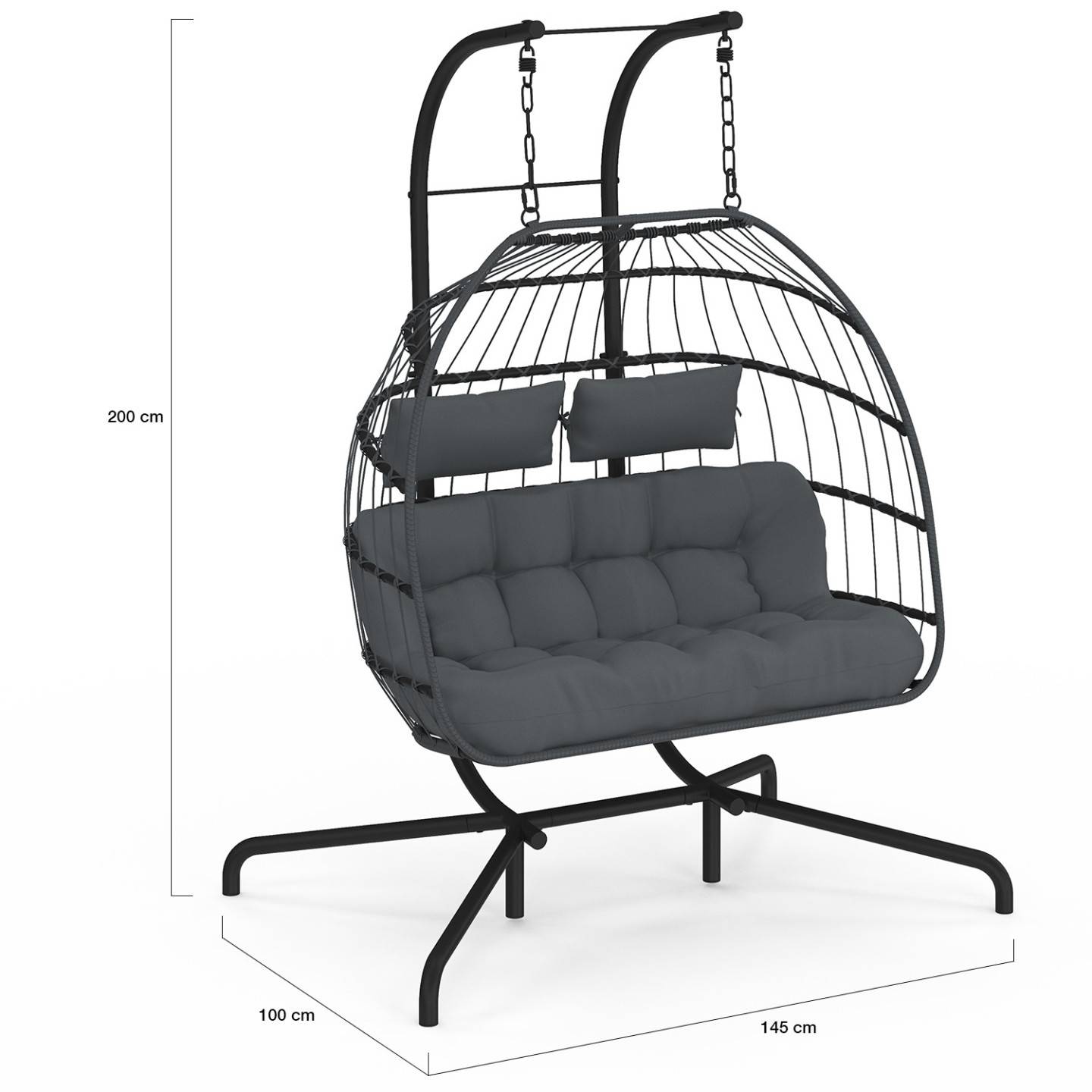 Fauteuil oeuf suspendu ajouré 2 places effet rotin gris avec coussin gris - Image 4