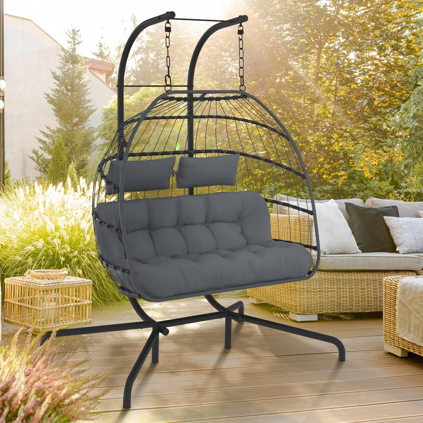 Fauteuil oeuf suspendu ajouré 2 places effet rotin gris avec coussin gris - Image 1