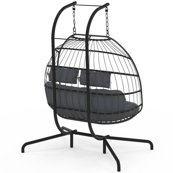 Fauteuil oeuf suspendu ajouré 2 places effet rotin gris avec coussin gris - Image 6