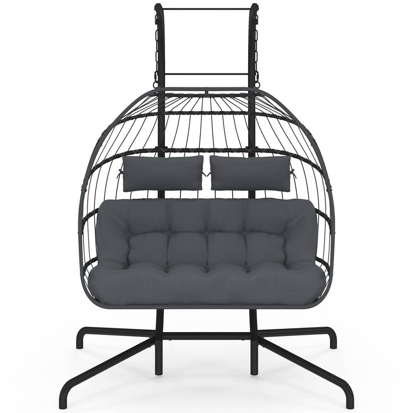 Fauteuil oeuf suspendu ajouré 2 places effet rotin gris avec coussin gris - Image 5