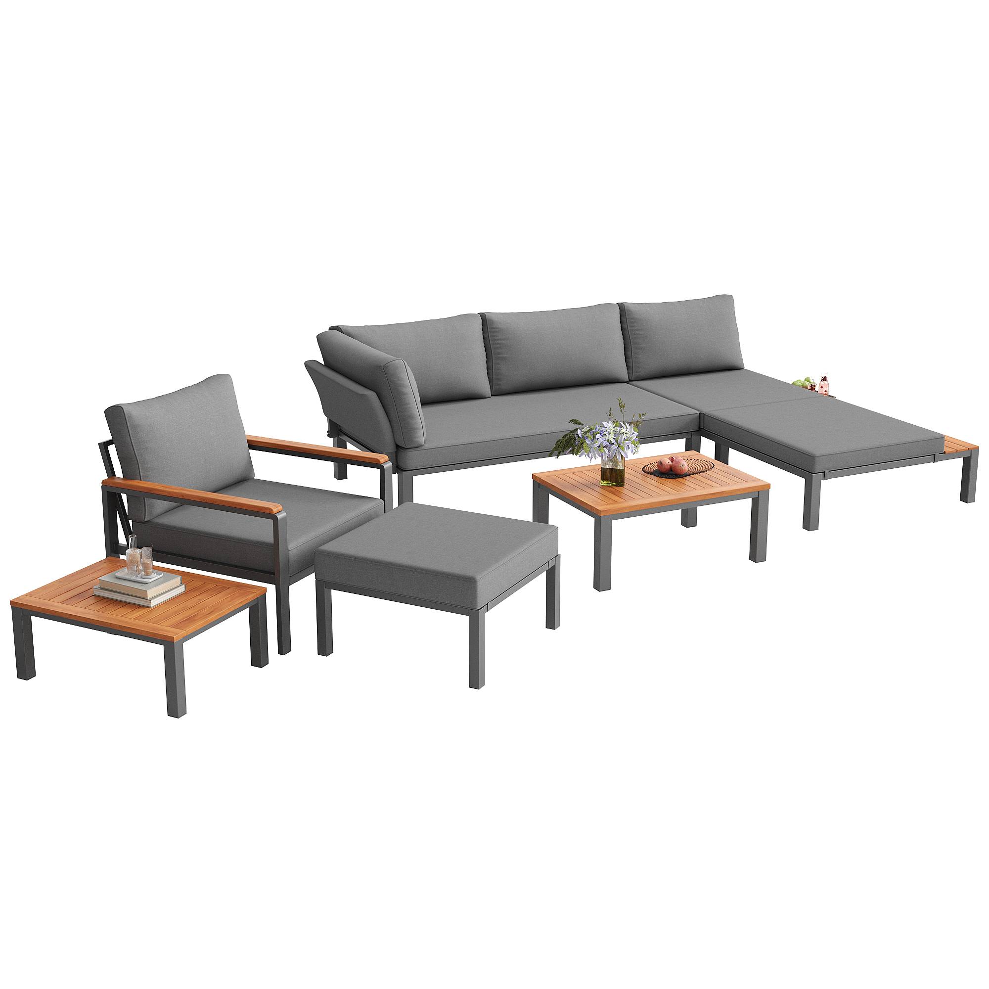 Salon de jardin modulable : métal, coussins, tables bois, idéal terrasse/balcon/piscine, gris - Image 8