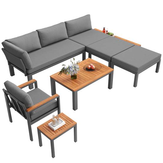 Salon de jardin modulable : métal, coussins, tables bois, idéal terrasse/balcon/piscine, gris - Image 10