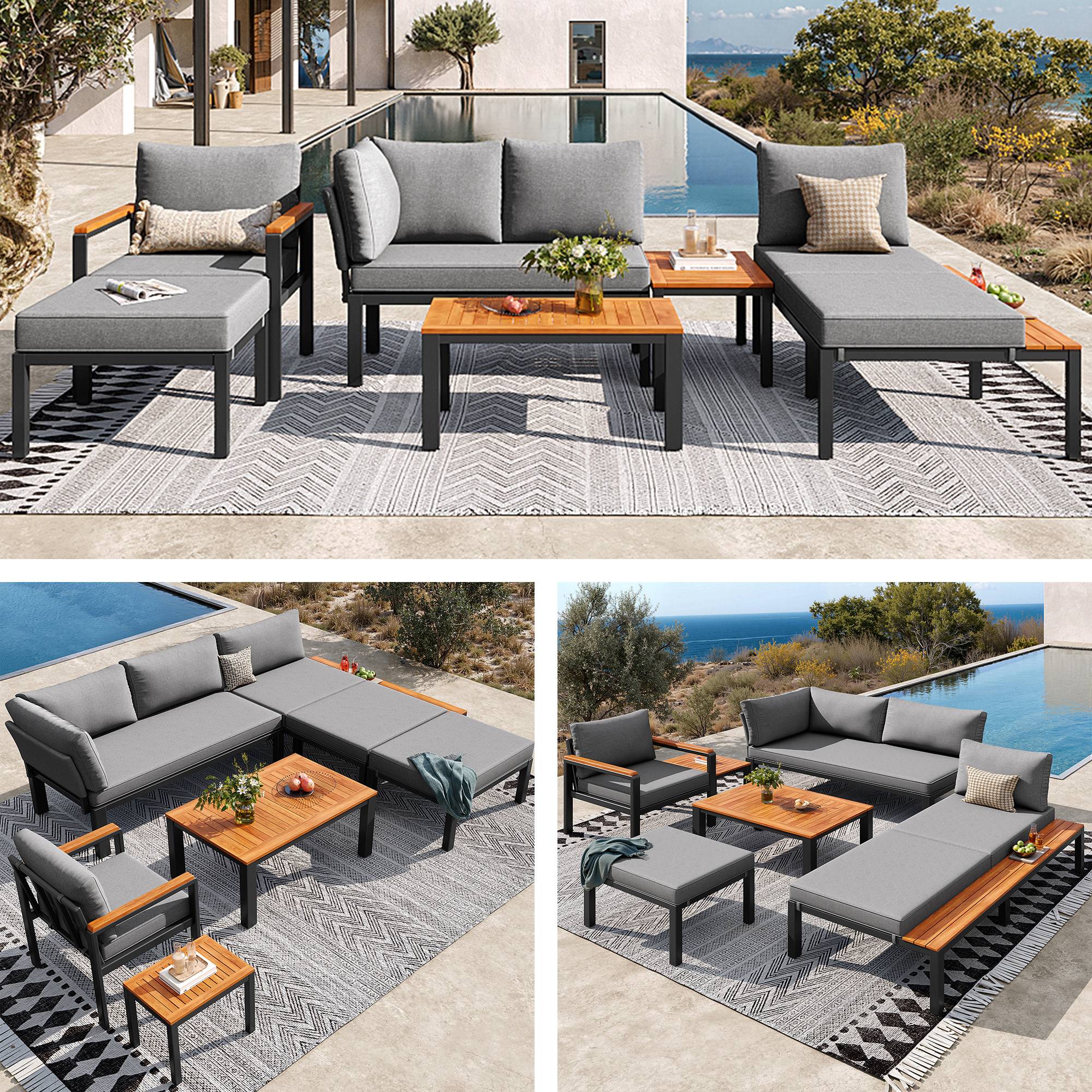 Salon de jardin modulable : métal, coussins, tables bois, idéal terrasse/balcon/piscine, gris