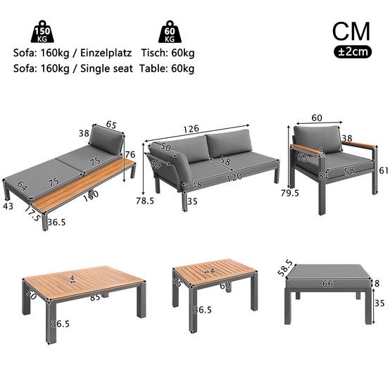 Salon de jardin modulable : métal, coussins, tables bois, idéal terrasse/balcon/piscine, gris - Image 5