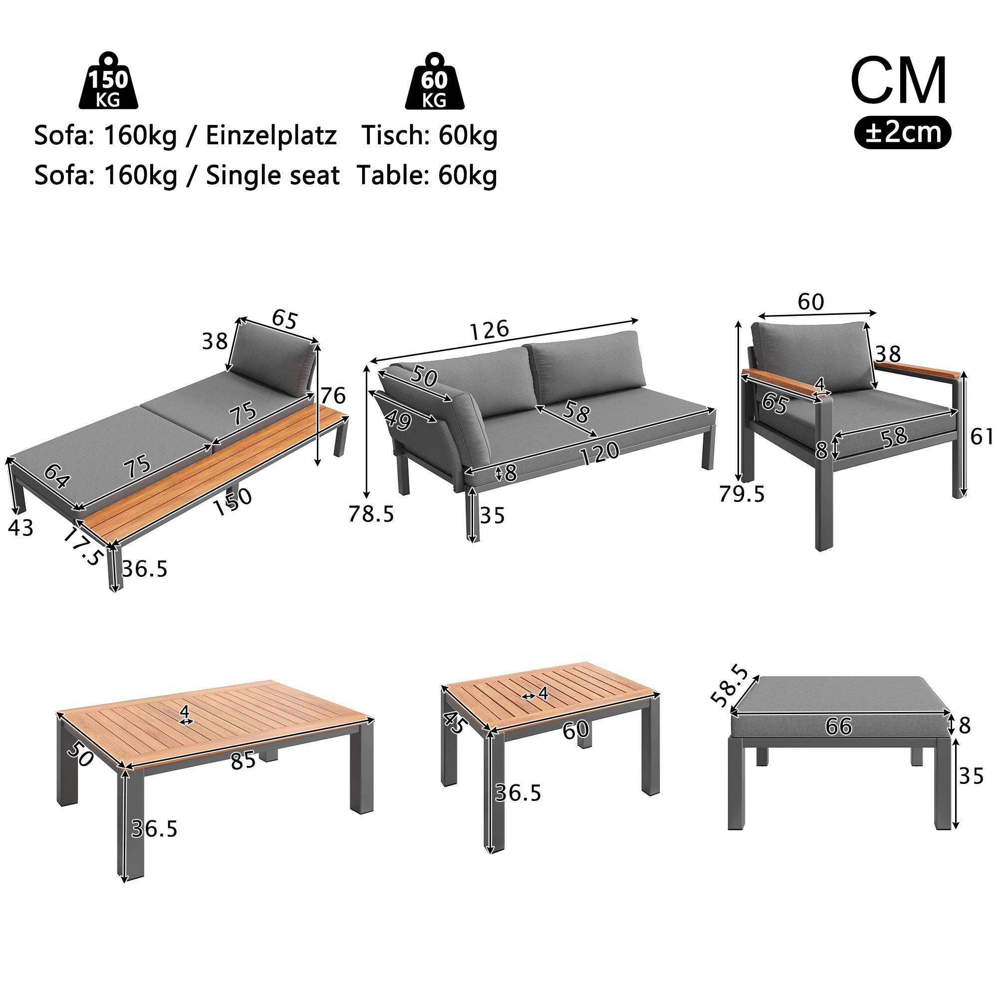 Salon de jardin modulable : métal, coussins, tables bois, idéal terrasse/balcon/piscine, gris - Image 5