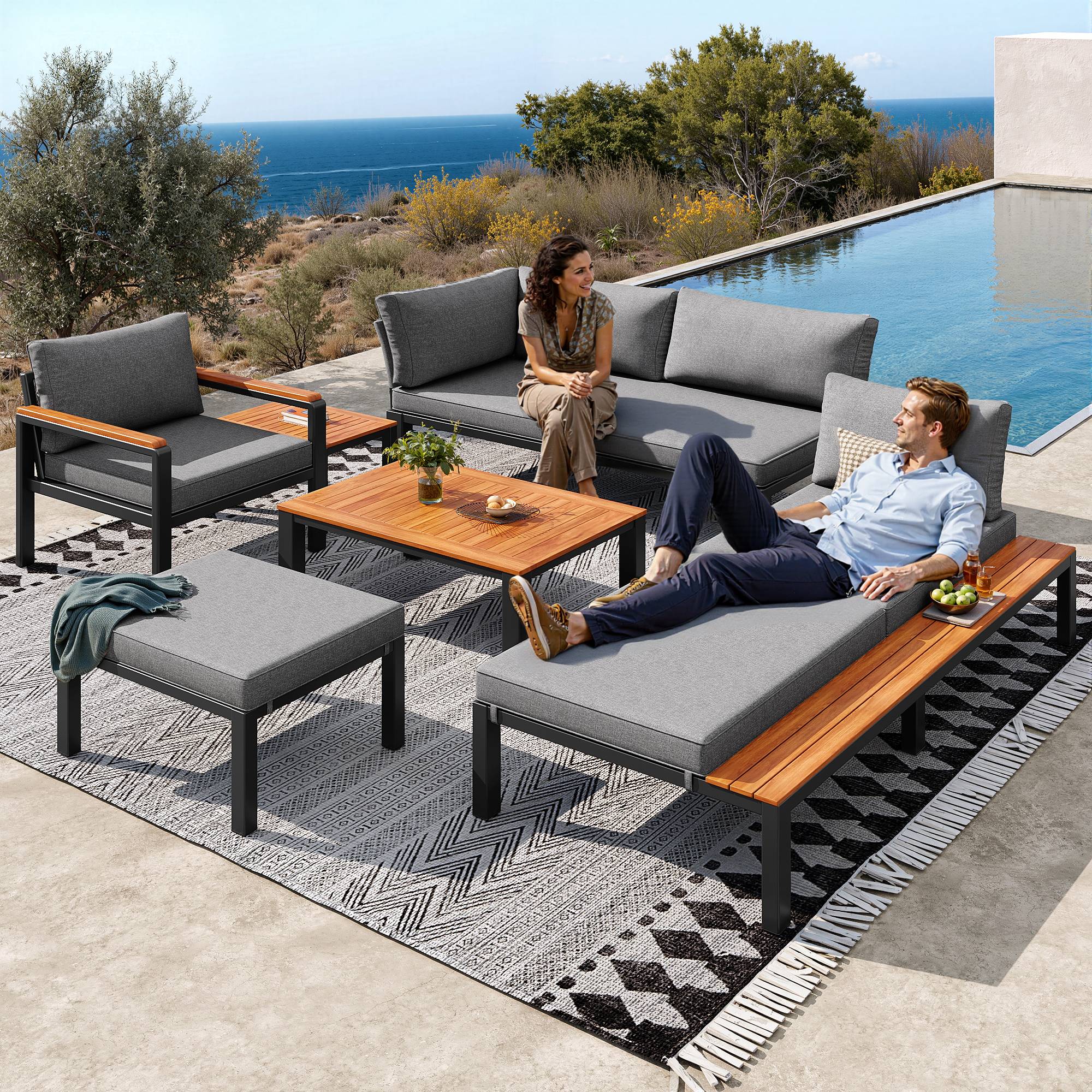 Salon de jardin modulable : métal, coussins, tables bois, idéal terrasse/balcon/piscine, gris - Image 3