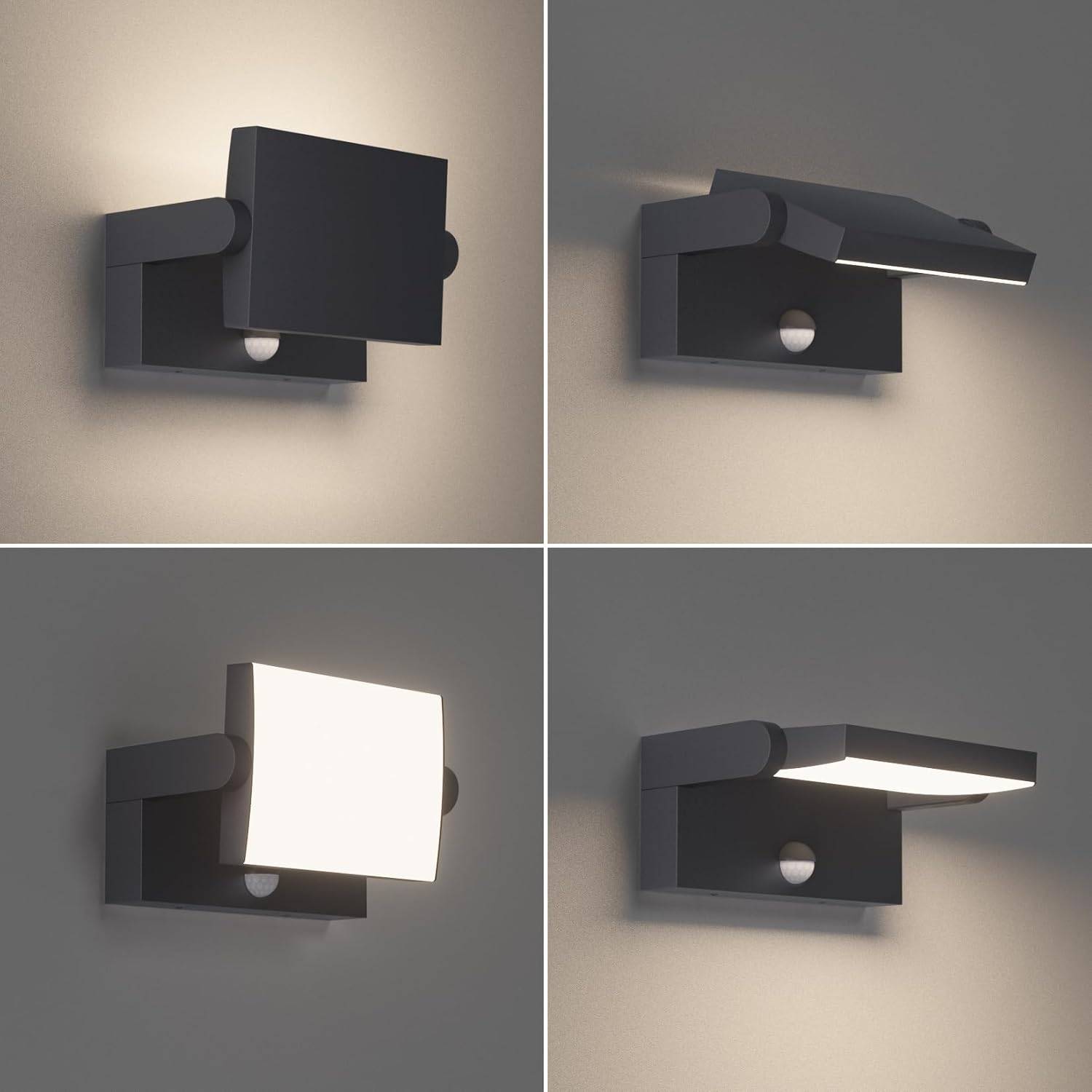 8 in 1 - Applique murale LED 24 W pour intérieur et extérieur avec détecteur de mouvement, étanchéité IP65, panneau pivotant, blanc naturel 4000 K(anthracite). - Image 3