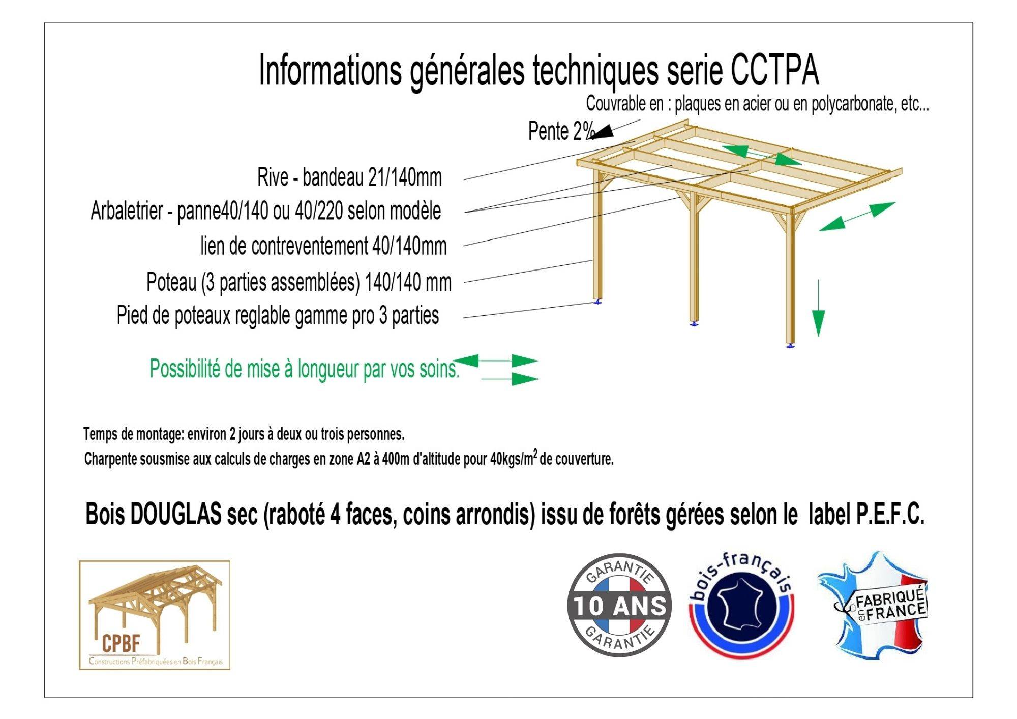 Cpbf Charpentes - Carport toit plat adossé 500cmx800cm bois DOUGLAS français (charpente - auvent - abri camping-car). 40 m². Garantie 10 ans. - Image 2