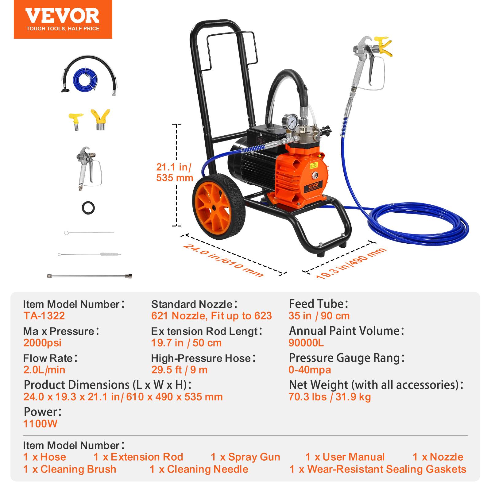VEVOR Pulvérisateur sans air 1100W, 2000 PSI, 2 L/min. Barre extension. Peinture intérieur/extérieur. - Image 7