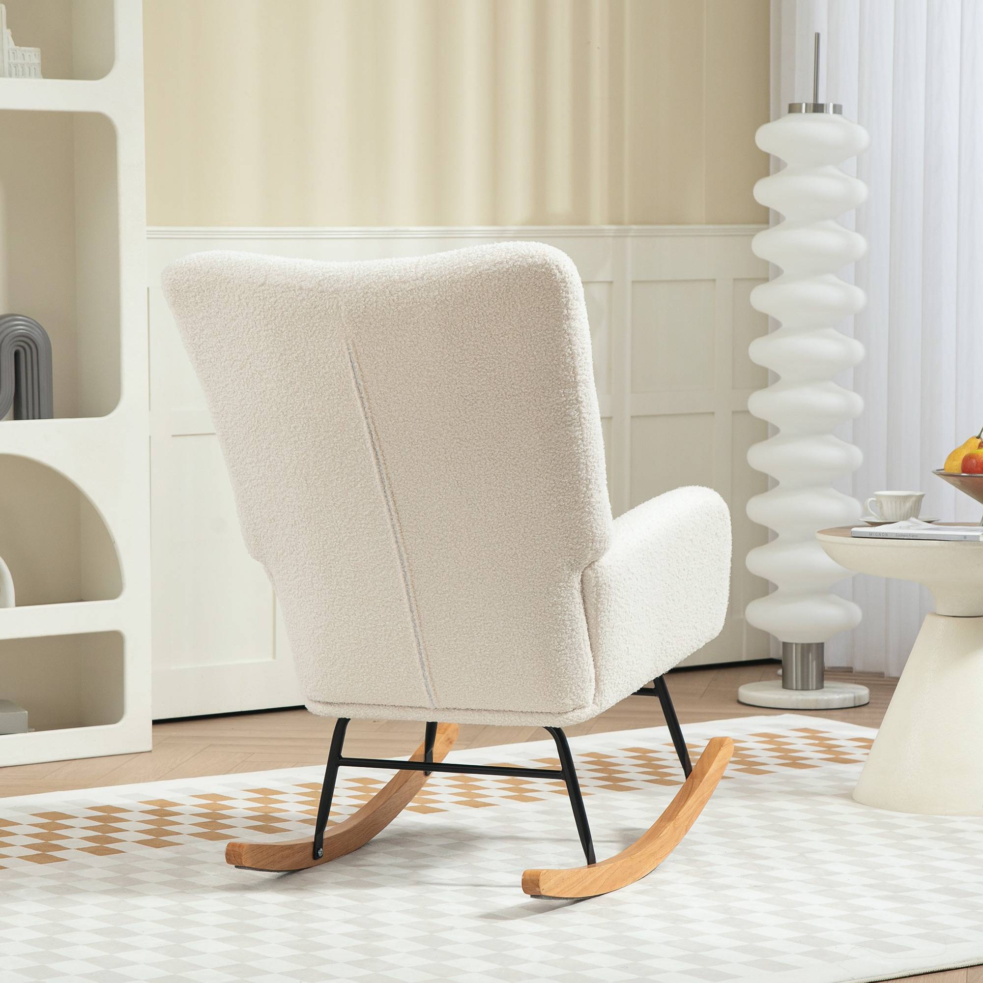 Fauteuil à bascule en tissu effet laine bouclée avec pieds en bois massif d'hévéa pour chambre, salon, crème - Image 8