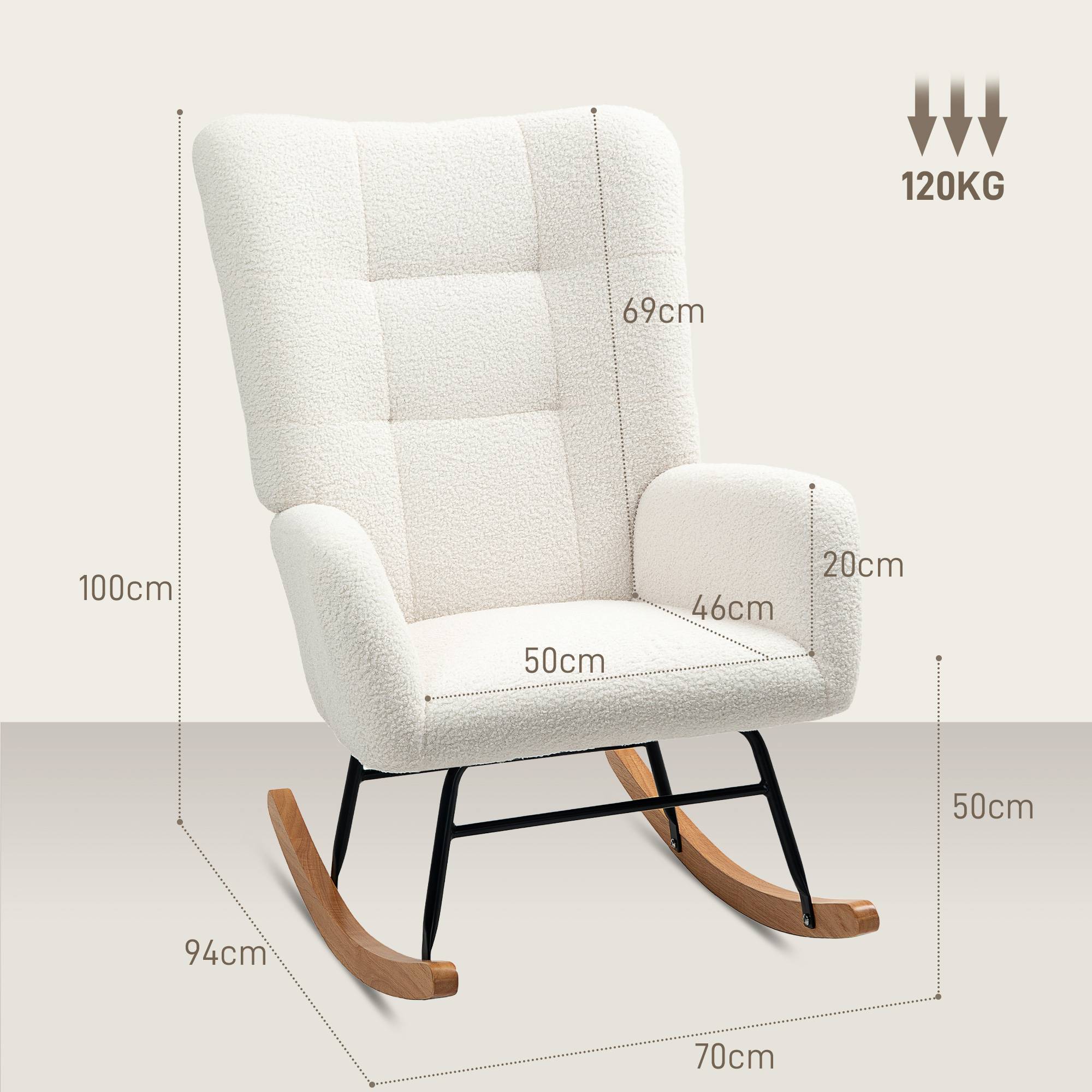 Fauteuil à bascule en tissu effet laine bouclée avec pieds en bois massif d'hévéa pour chambre, salon, crème - Image 5