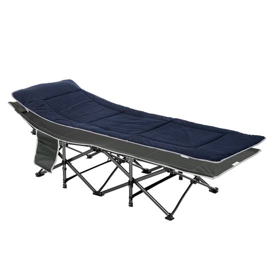 Lit de camp avec coussin, oreiller, poche, sac de transport et cadre en acier, capacité de charge 150 kg, 188 x 64,5 x 53 cm, bleu - Image 1