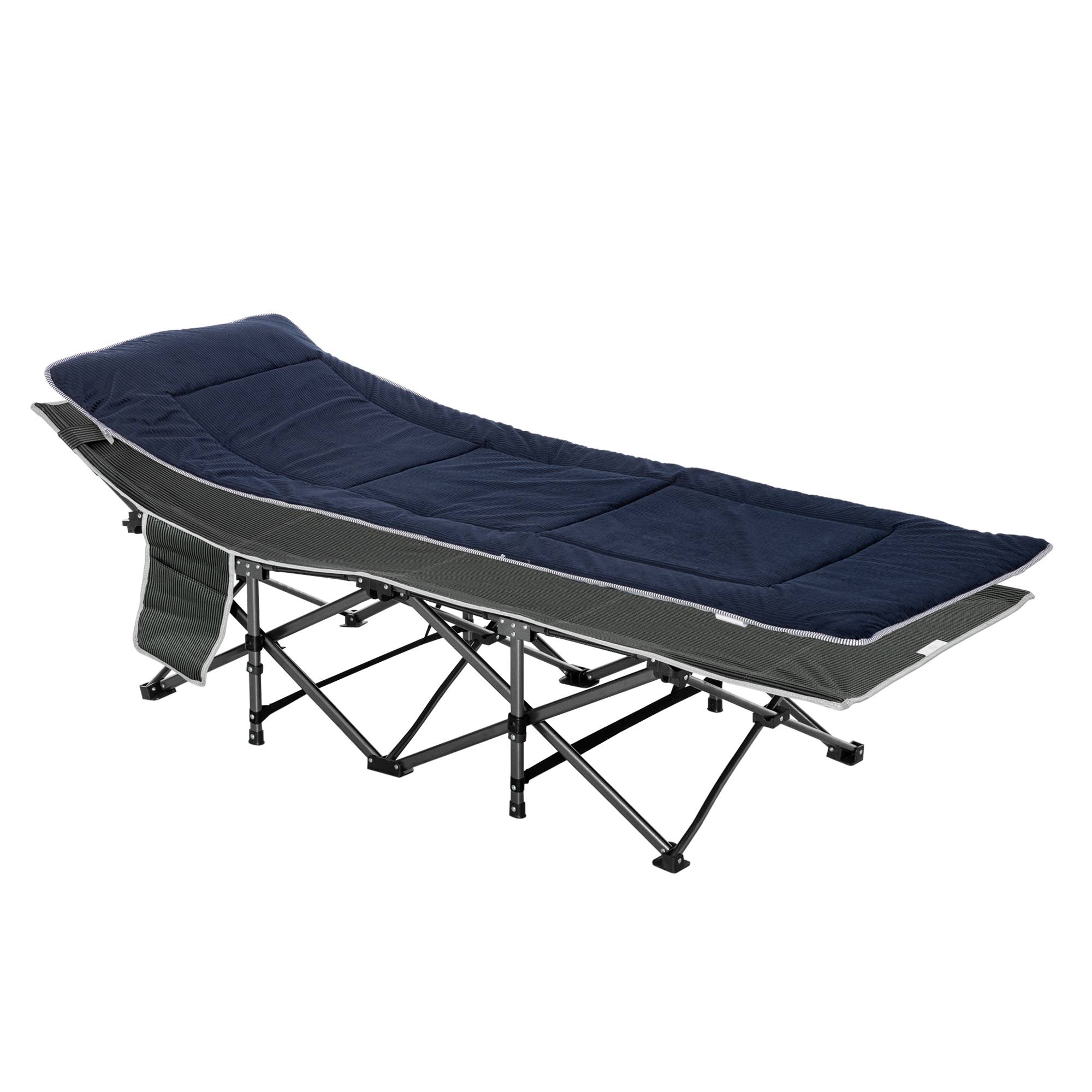 Lit de camp avec coussin, oreiller, poche, sac de transport et cadre en acier, capacité de charge 150 kg, 188 x 64,5 x 53 cm, bleu - Image 1