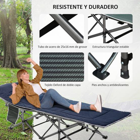 Lit de camp avec coussin, oreiller, poche, sac de transport et cadre en acier, capacité de charge 150 kg, 188 x 64,5 x 53 cm, bleu - Image 7