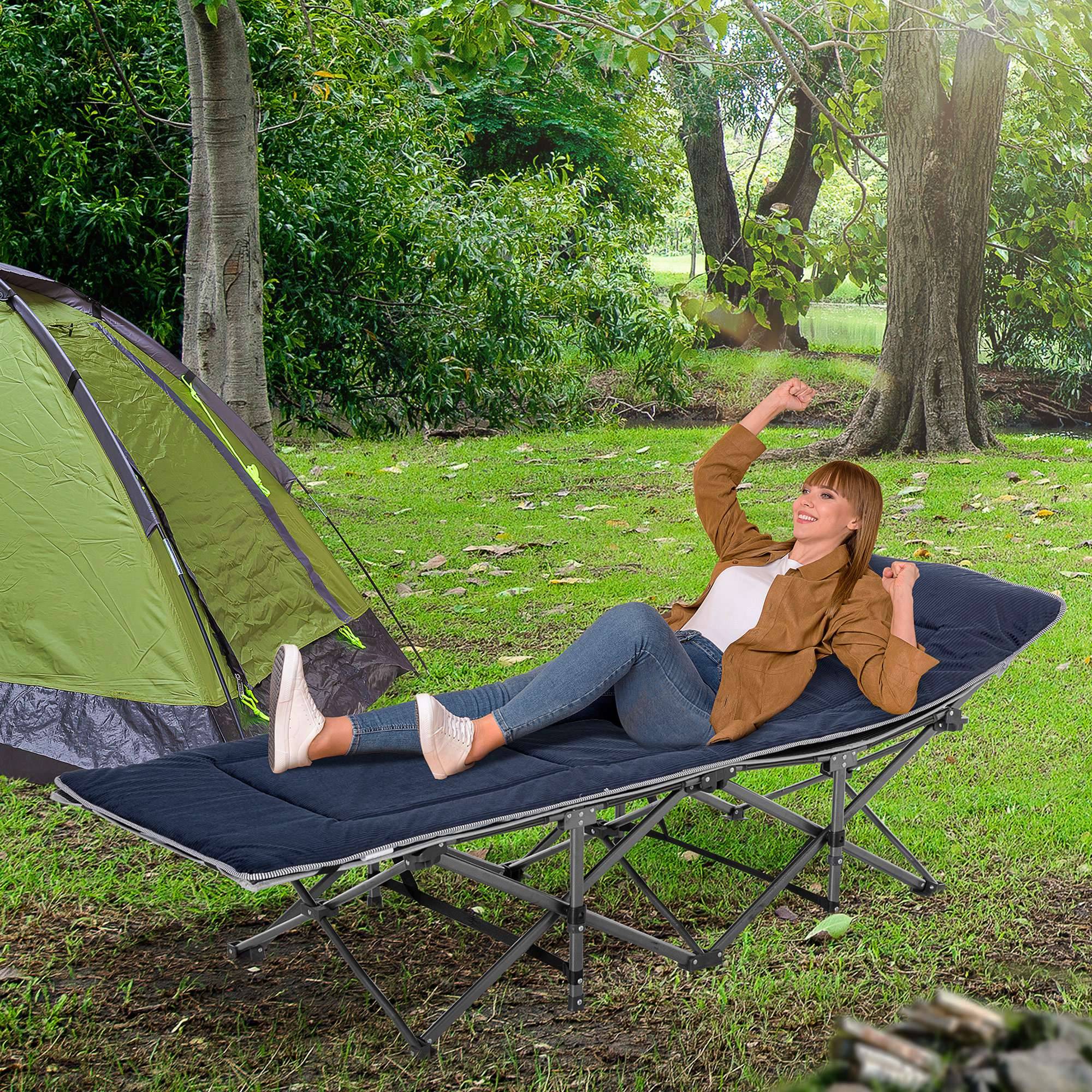 Lit de camp avec coussin, oreiller, poche, sac de transport et cadre en acier, capacité de charge 150 kg, 188 x 64,5 x 53 cm, bleu - Image 4