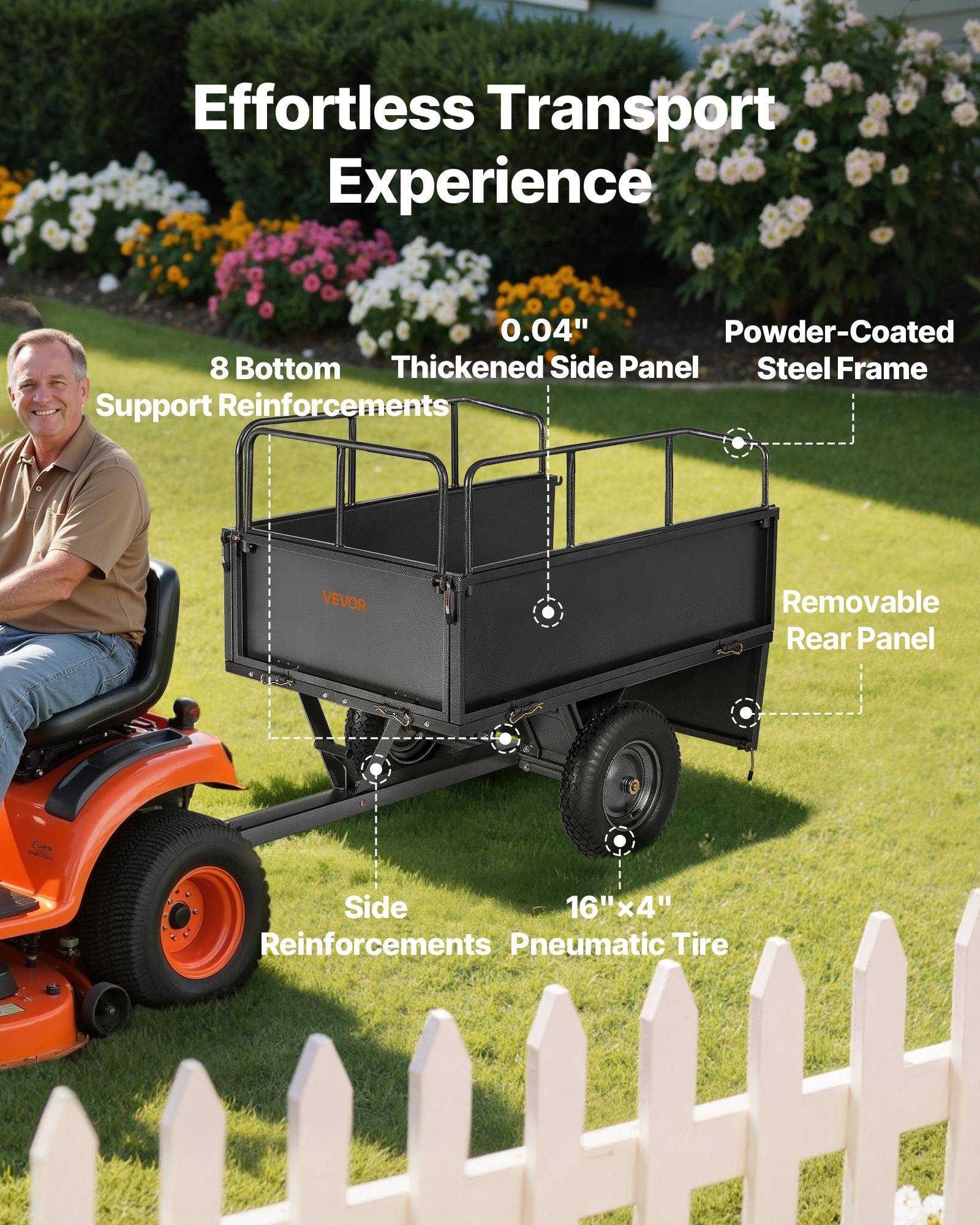 VEVOR Remorque benne basculante 481 L, tracteur tondeuse jardin acier, capacité 272 kg. - Image 3