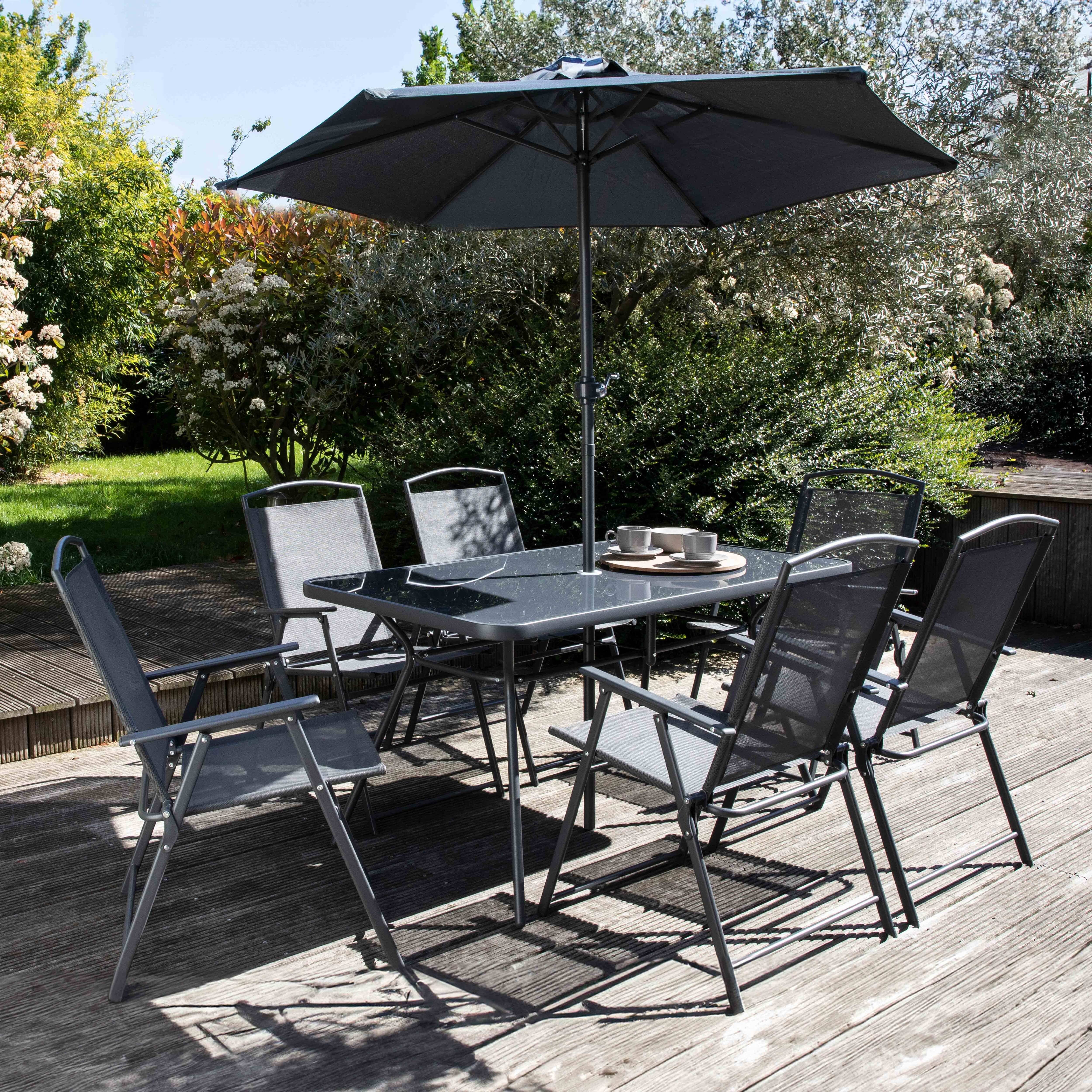 Oviala - Salon de jardin 6 places avec table pliante, chaises pliantes et parasol central inclus – Oviala - Image 1