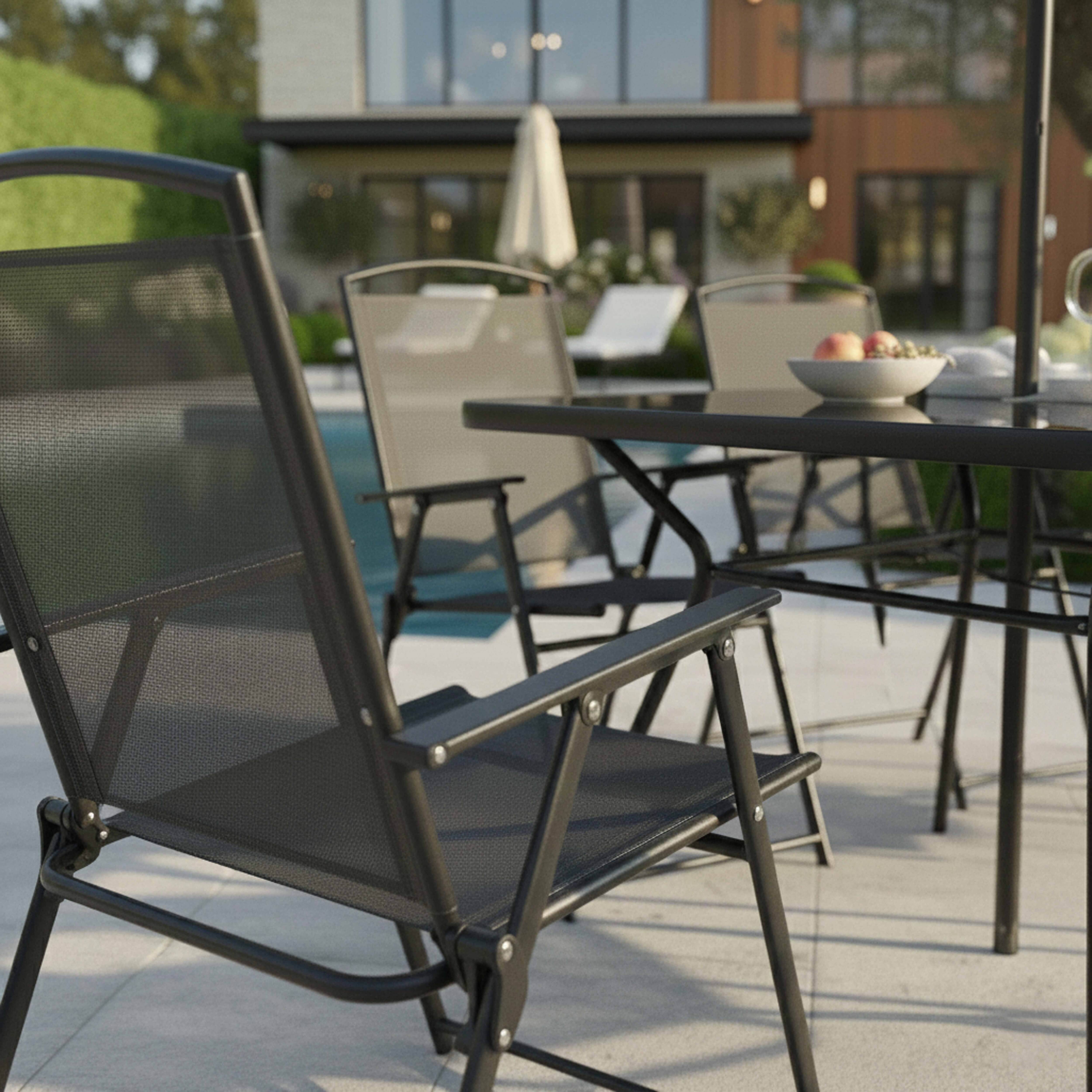 Oviala - Salon de jardin 6 places avec table pliante, chaises pliantes et parasol central inclus – Oviala - Image 4
