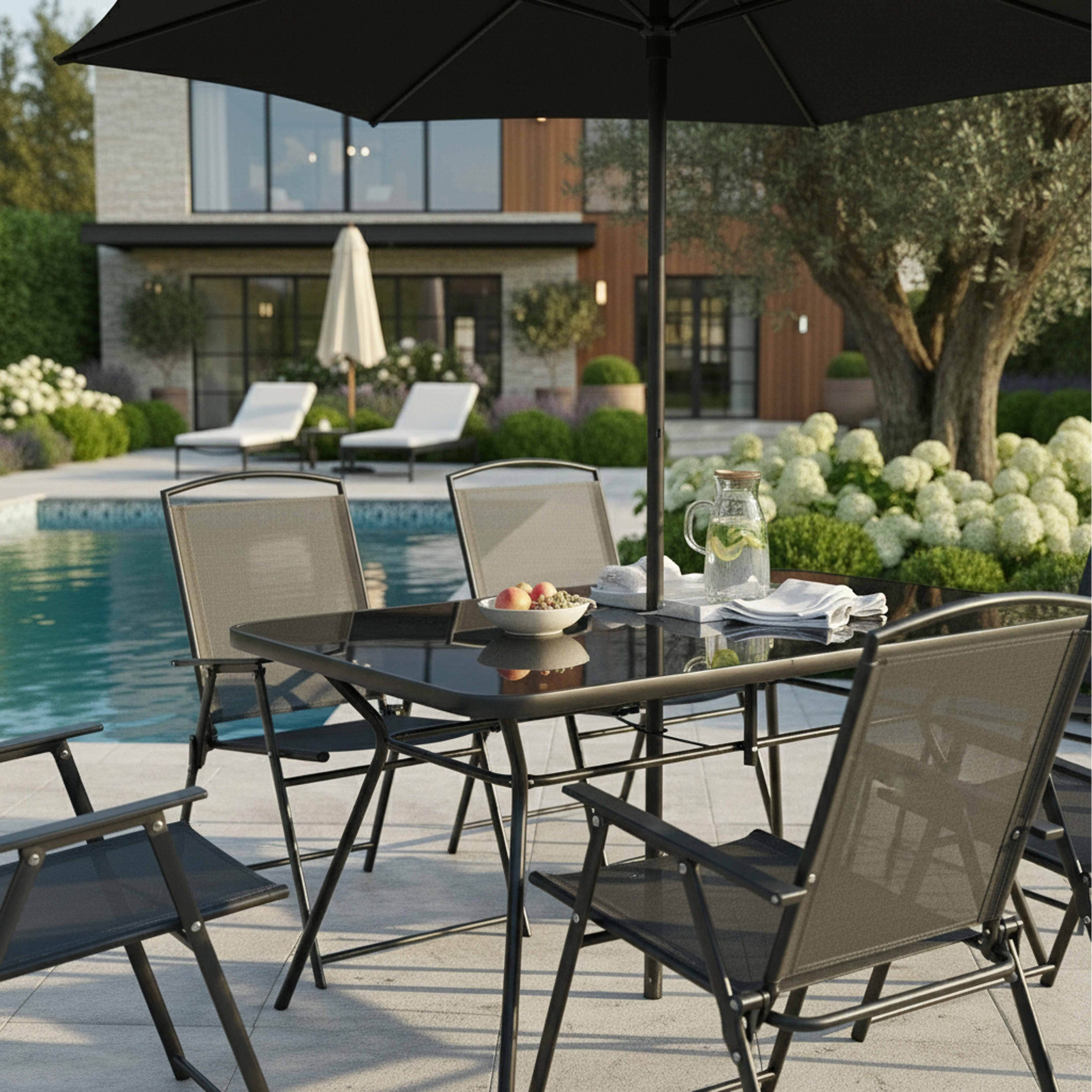 Oviala - Salon de jardin 6 places avec table pliante, chaises pliantes et parasol central inclus – Oviala - Image 3